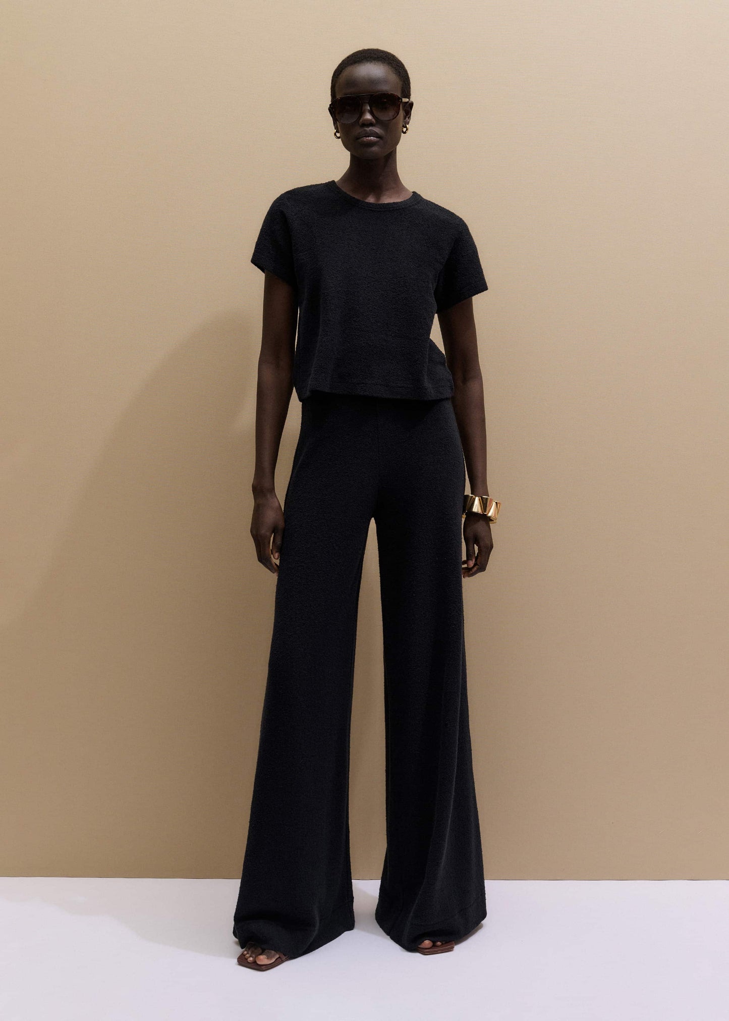 ME and EM Clothing Black Textured Wide-Leg Palazzo Pant