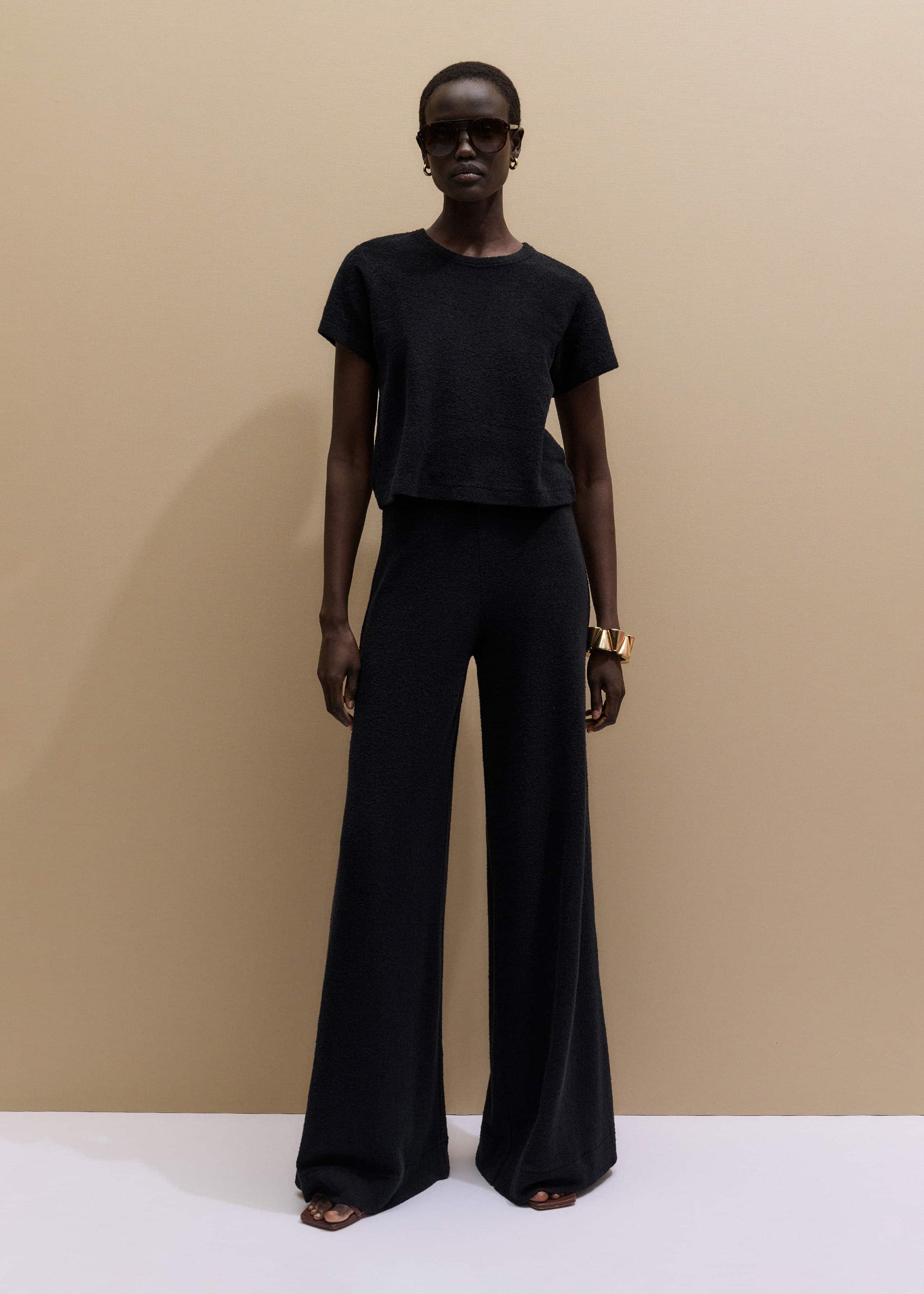 ME and EM Clothing Black Textured Wide-Leg Palazzo Pant