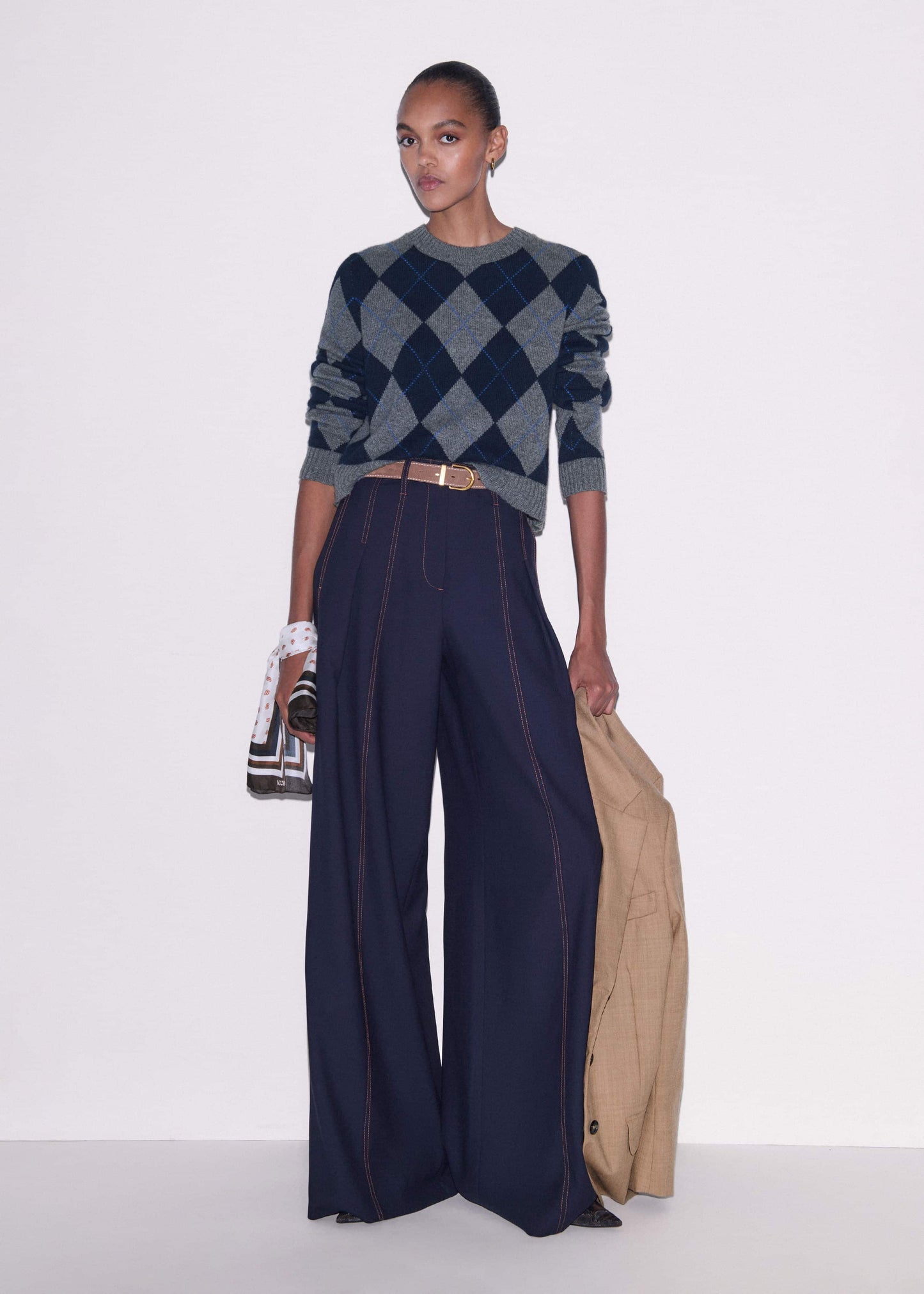 ME and EM Clothing Navy Contrast Top Stitch Wide-Leg Pant