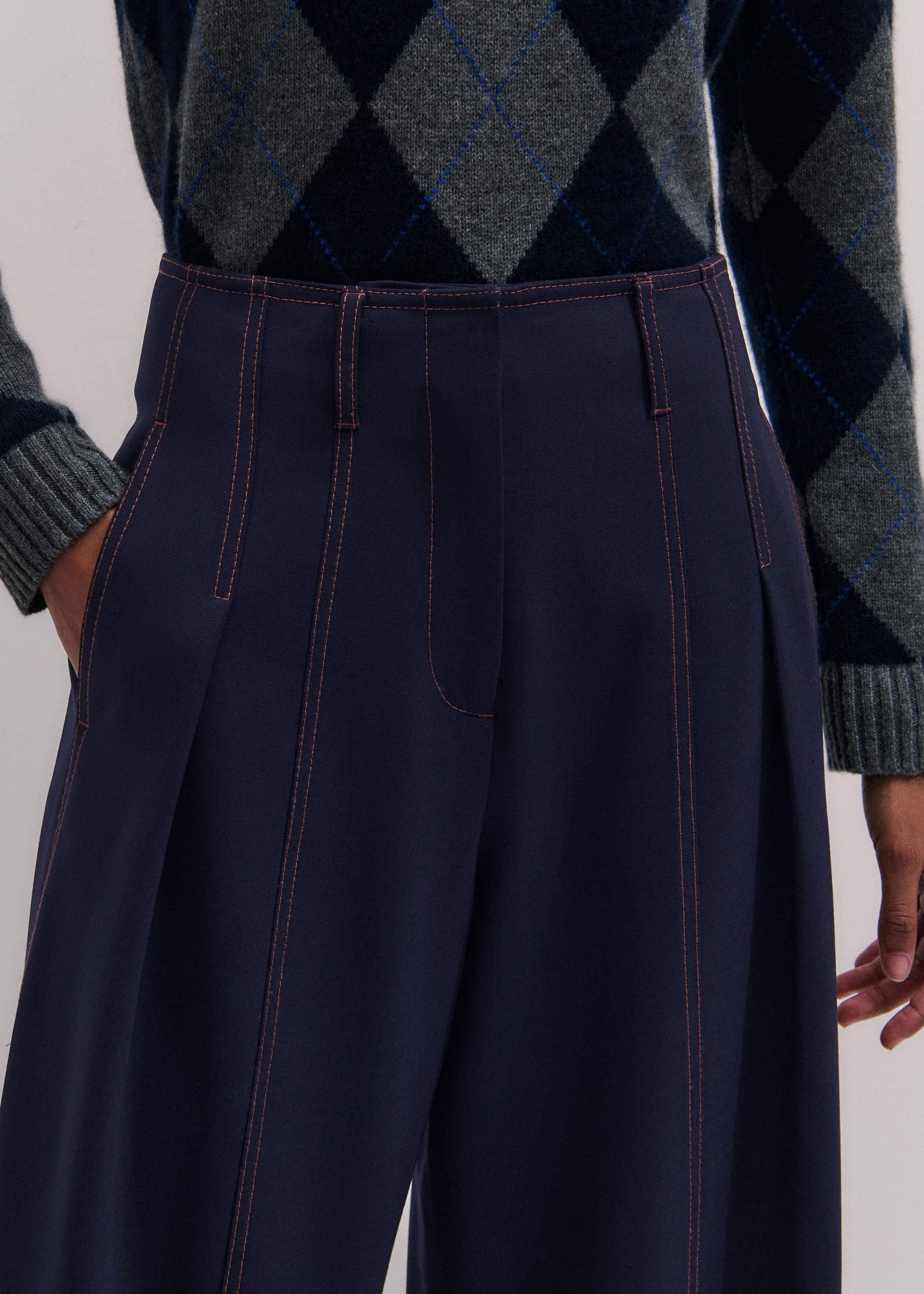 ME and EM Clothing Navy Contrast Top Stitch Wide-Leg Pant
