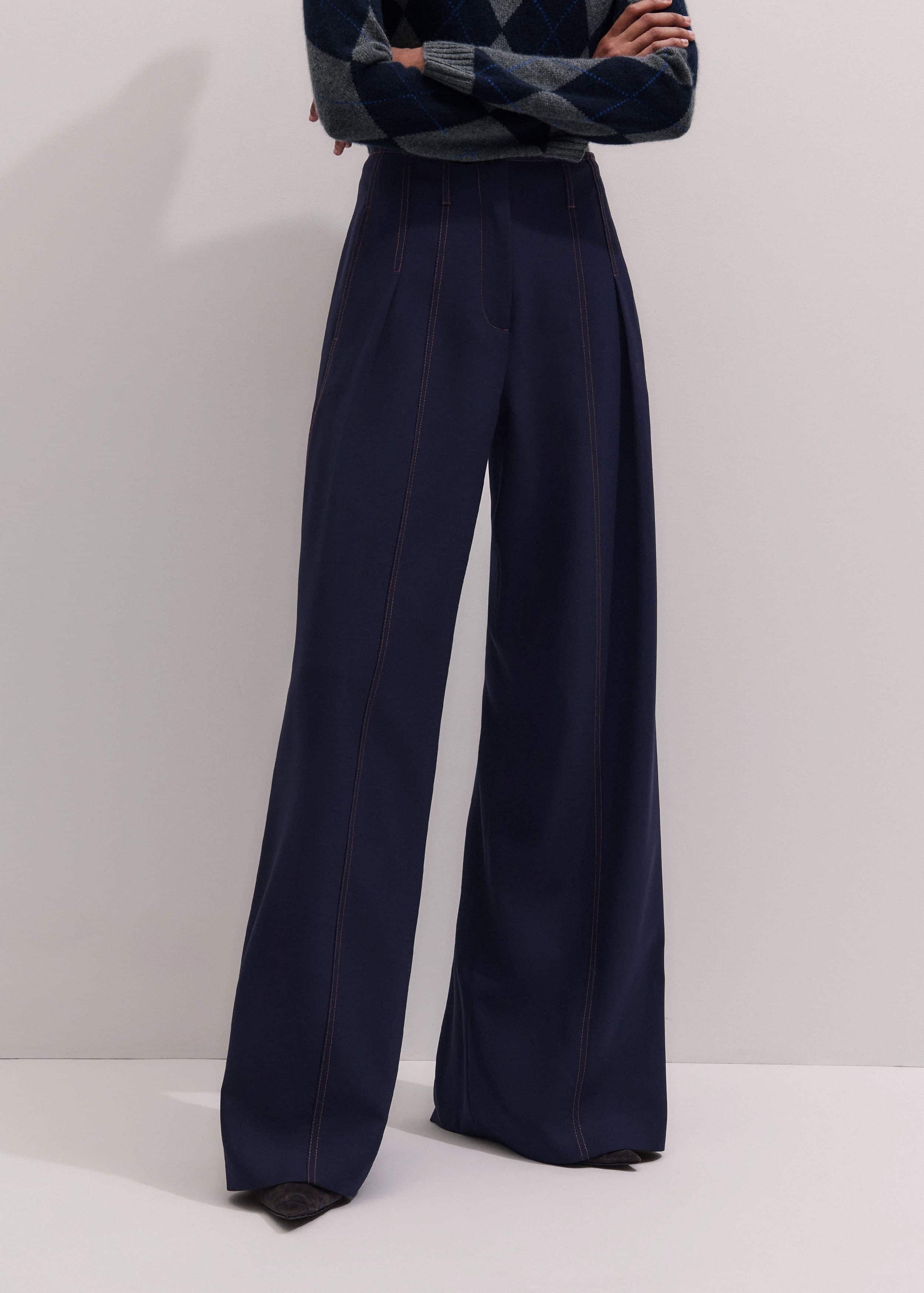 ME and EM Clothing Navy Contrast Top Stitch Wide-Leg Pant