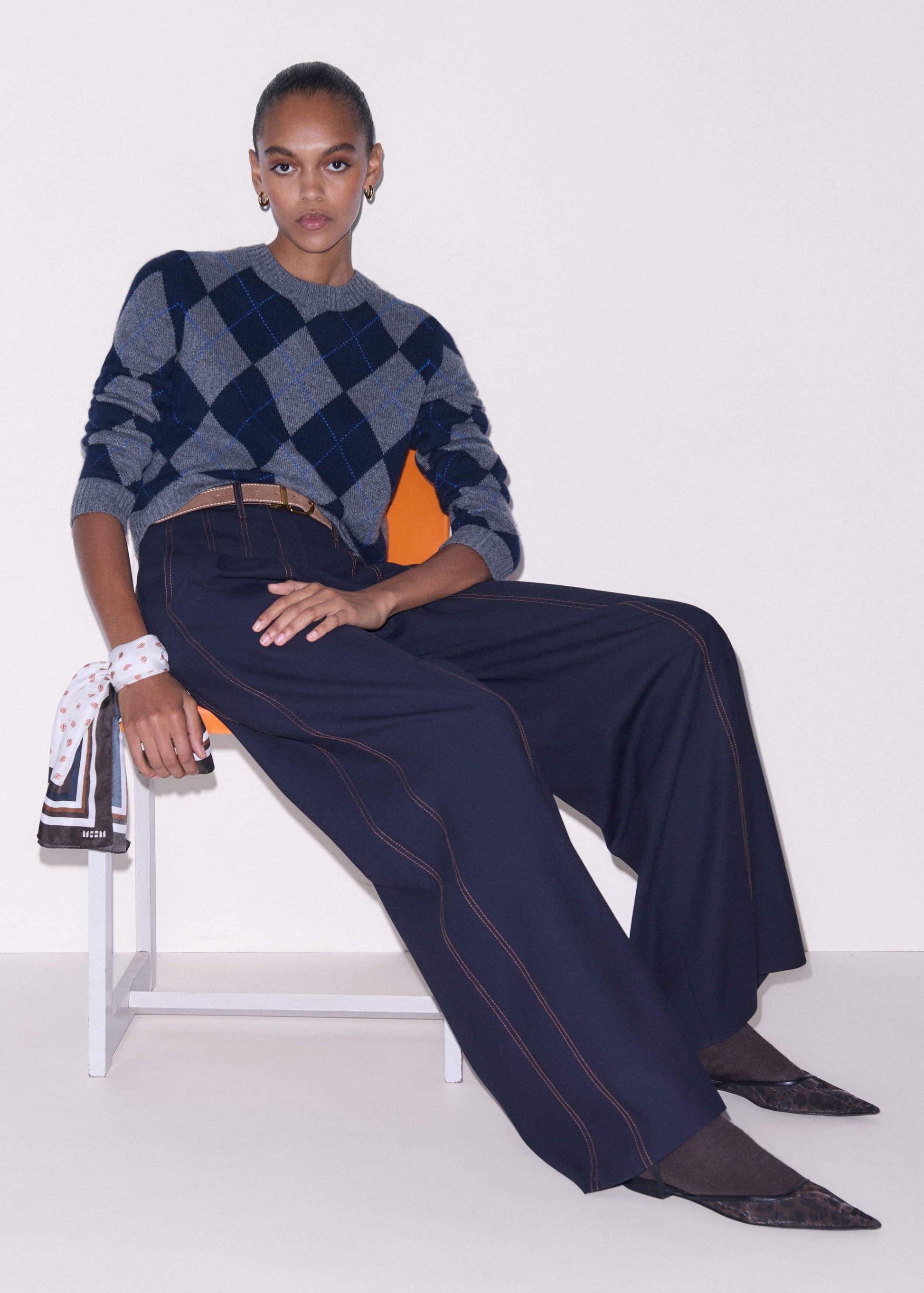 ME and EM Clothing Navy Contrast Top Stitch Wide-Leg Pant