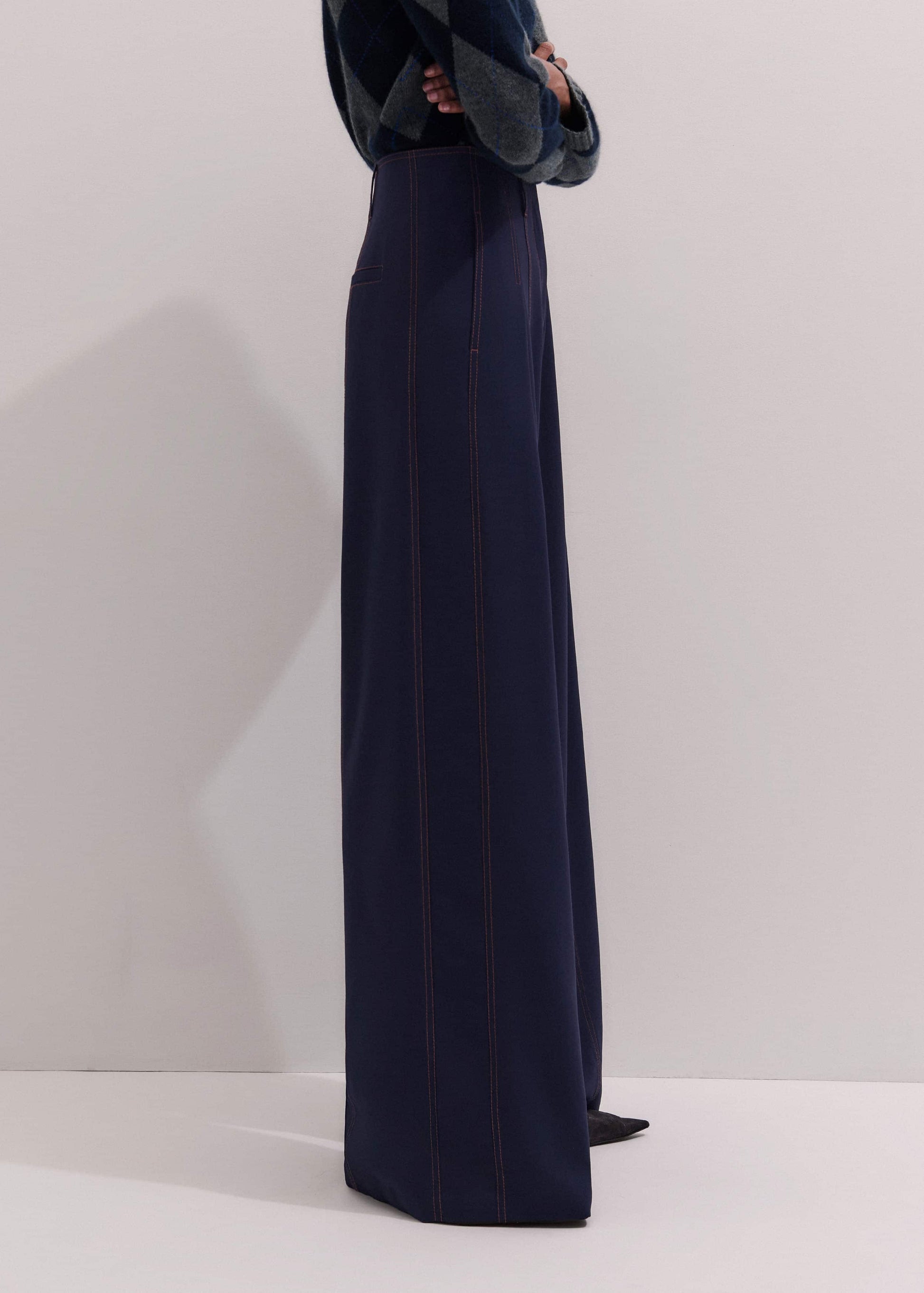 ME and EM Clothing Navy Contrast Top Stitch Wide-Leg Pant