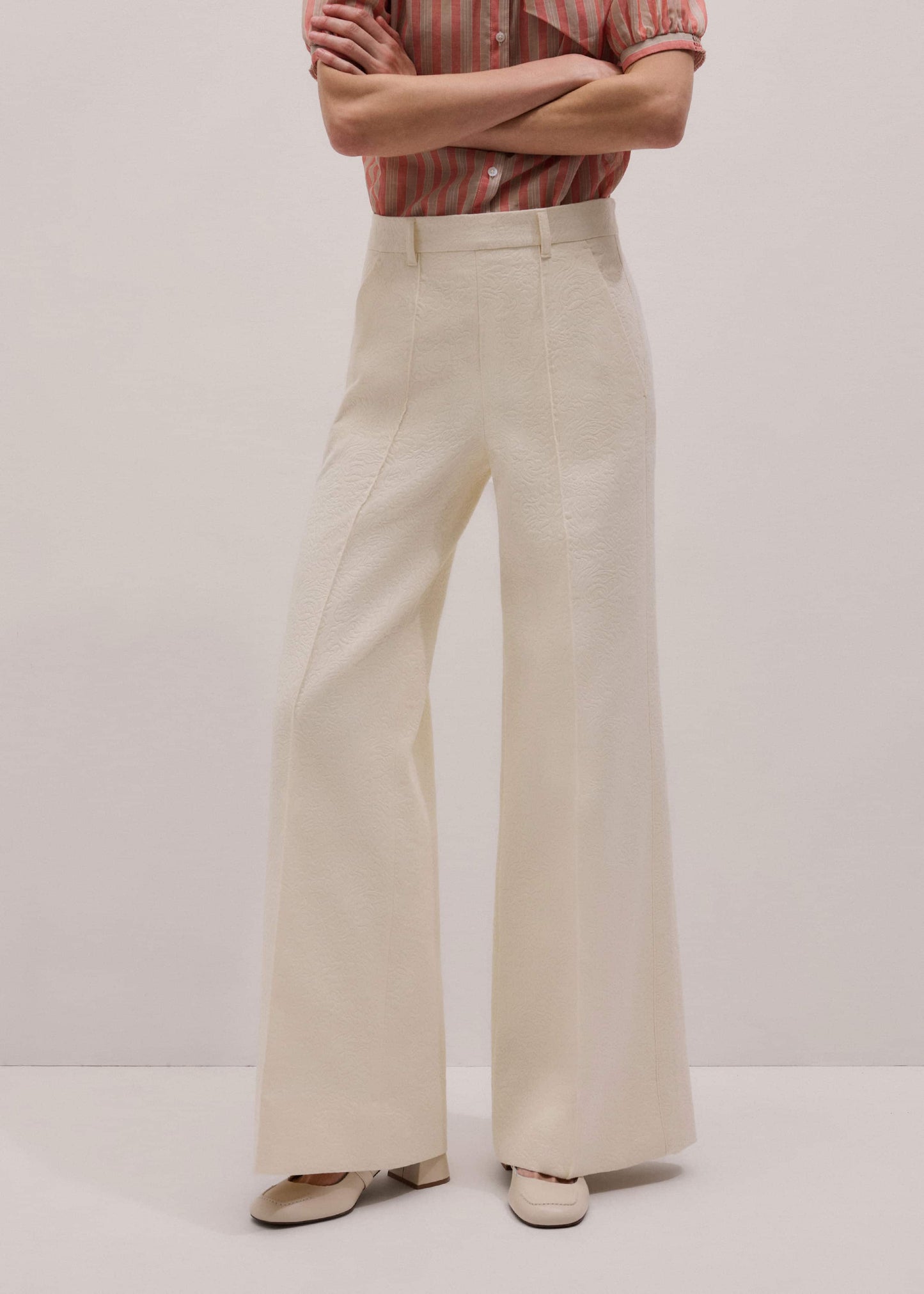 ME and EM Clothing Ivory Luxe Jacquard Wide-Leg Pant