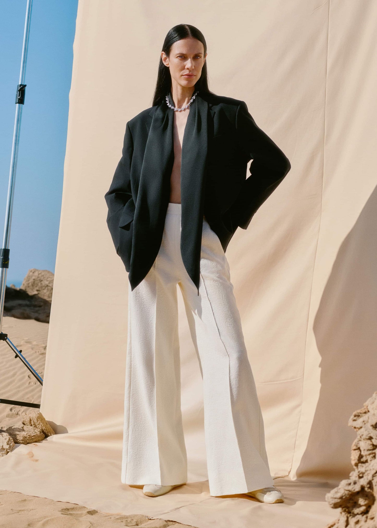 ME and EM Clothing Ivory Luxe Jacquard Wide-Leg Pant