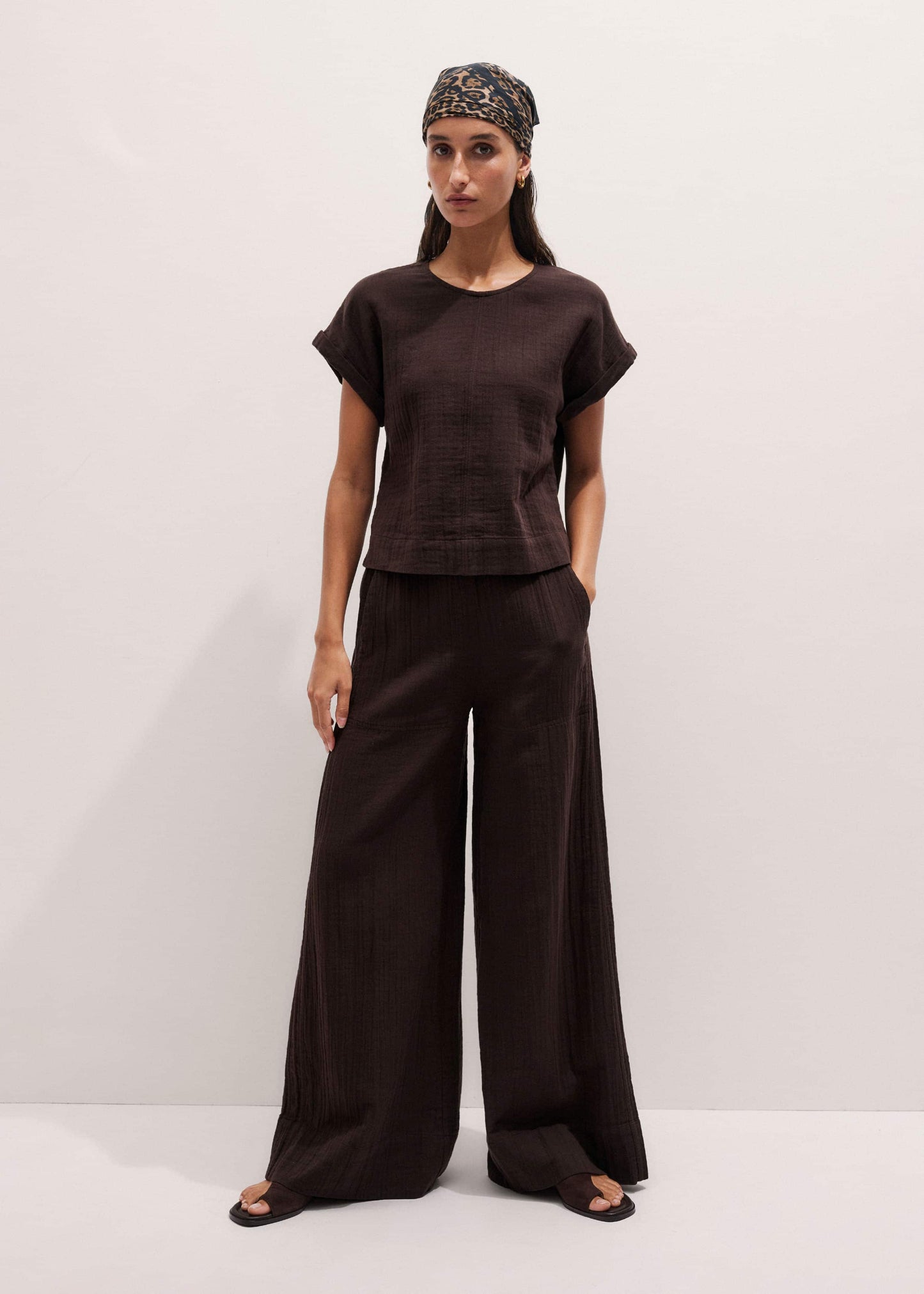 ME and EM Clothing Brown Cheesecloth Wide-Leg Pant