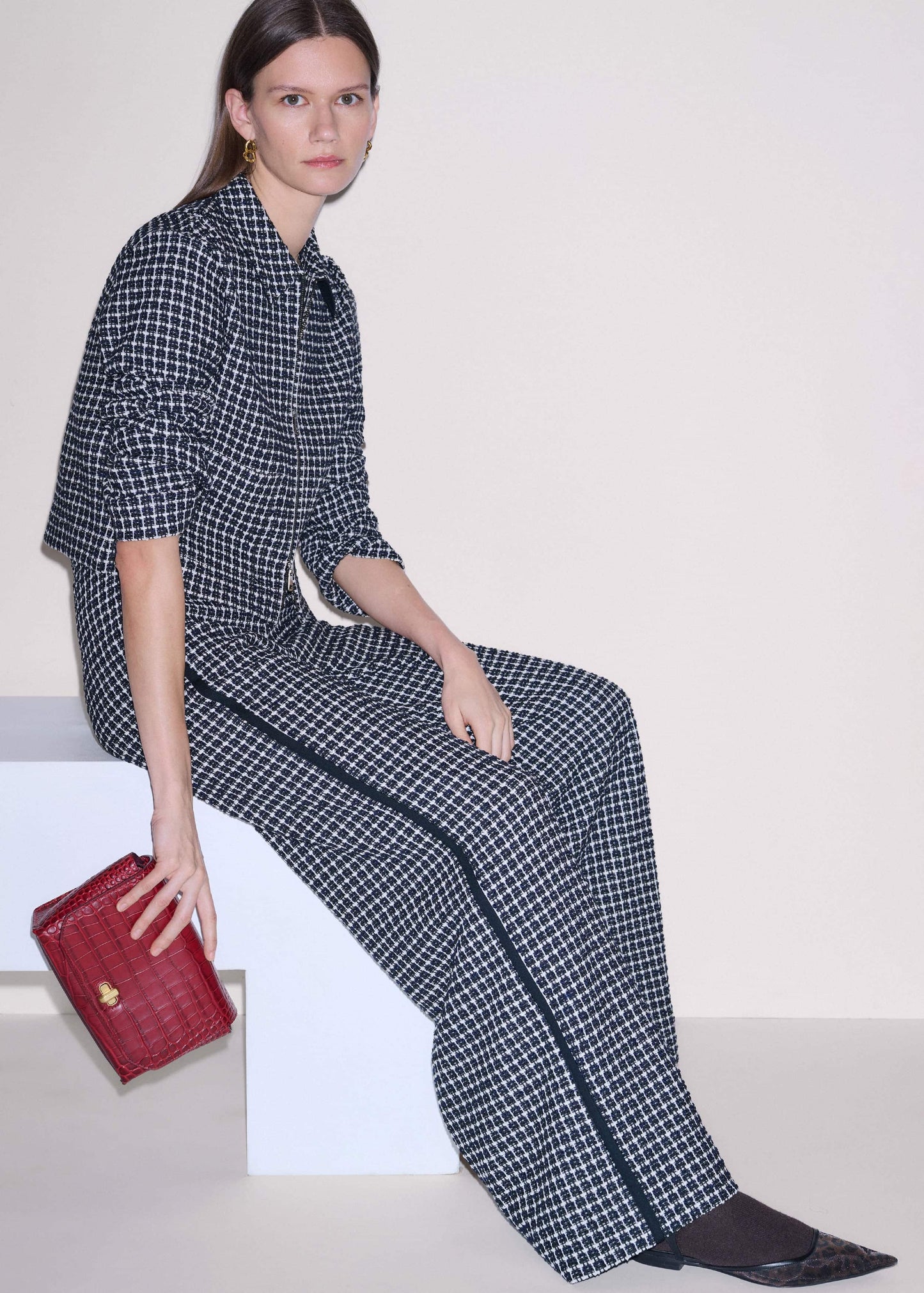 ME and EM Clothing Navy Textured Wide-Leg Pant