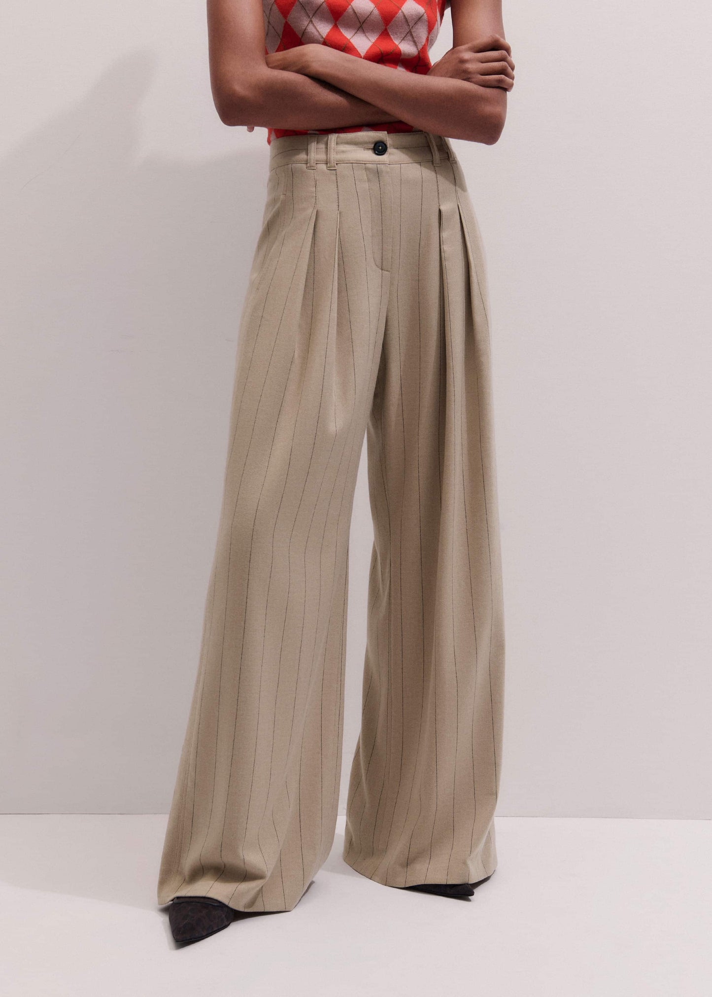 ME and EM Clothing Brown Wide-Leg Double Pleat Pinstripe Pant
