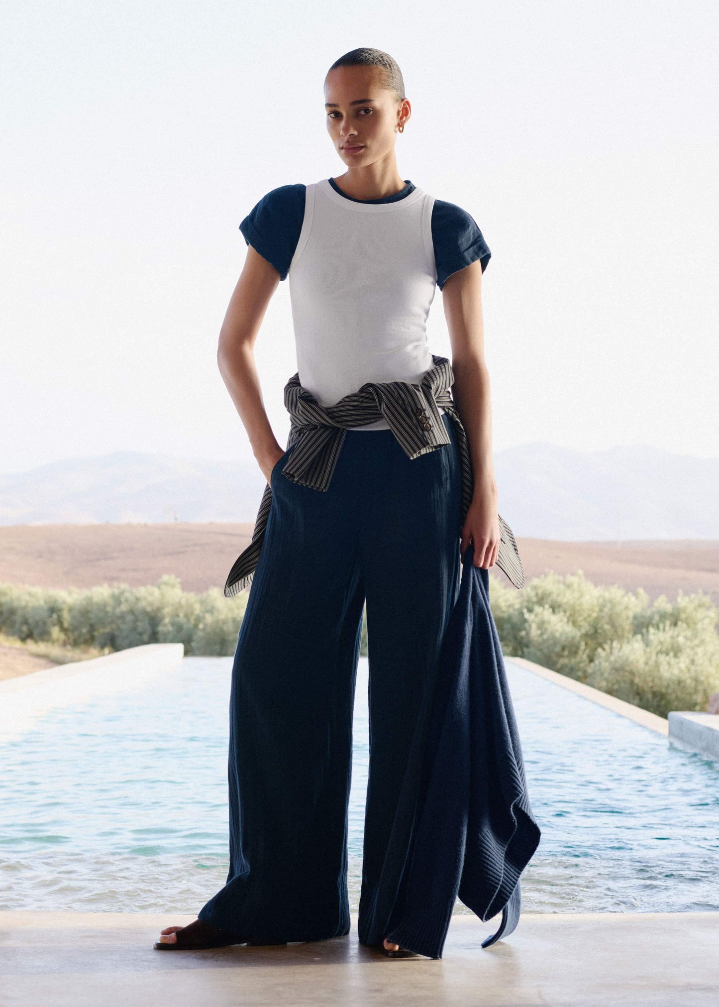 ME and EM Clothing Navy Cheesecloth Wide-Leg Pant