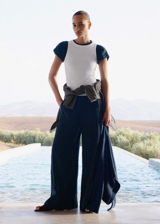 ME and EM Clothing Navy Cheesecloth Wide-Leg Pant