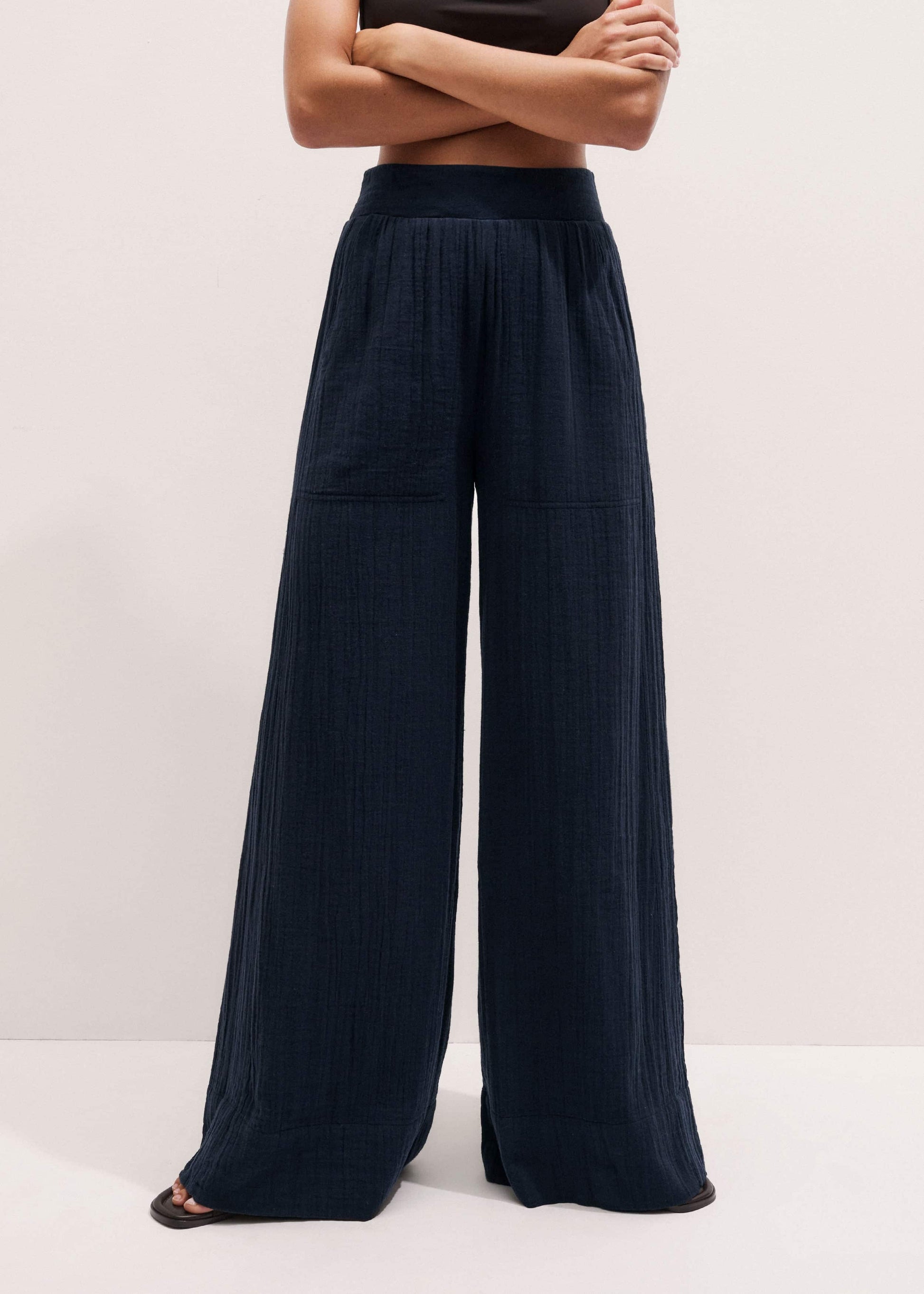 ME and EM Clothing Navy Cheesecloth Wide-Leg Pant