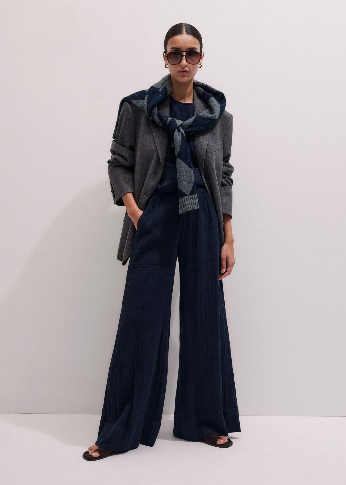 ME and EM Clothing Navy Cheesecloth Wide-Leg Pant