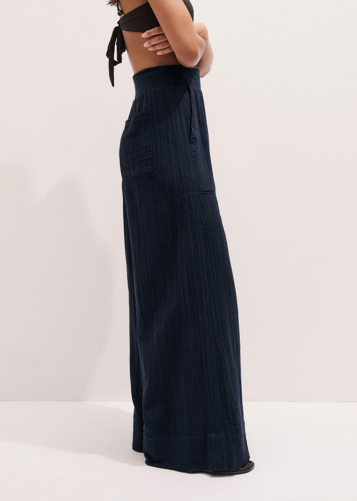 ME and EM Clothing Navy Cheesecloth Wide-Leg Pant