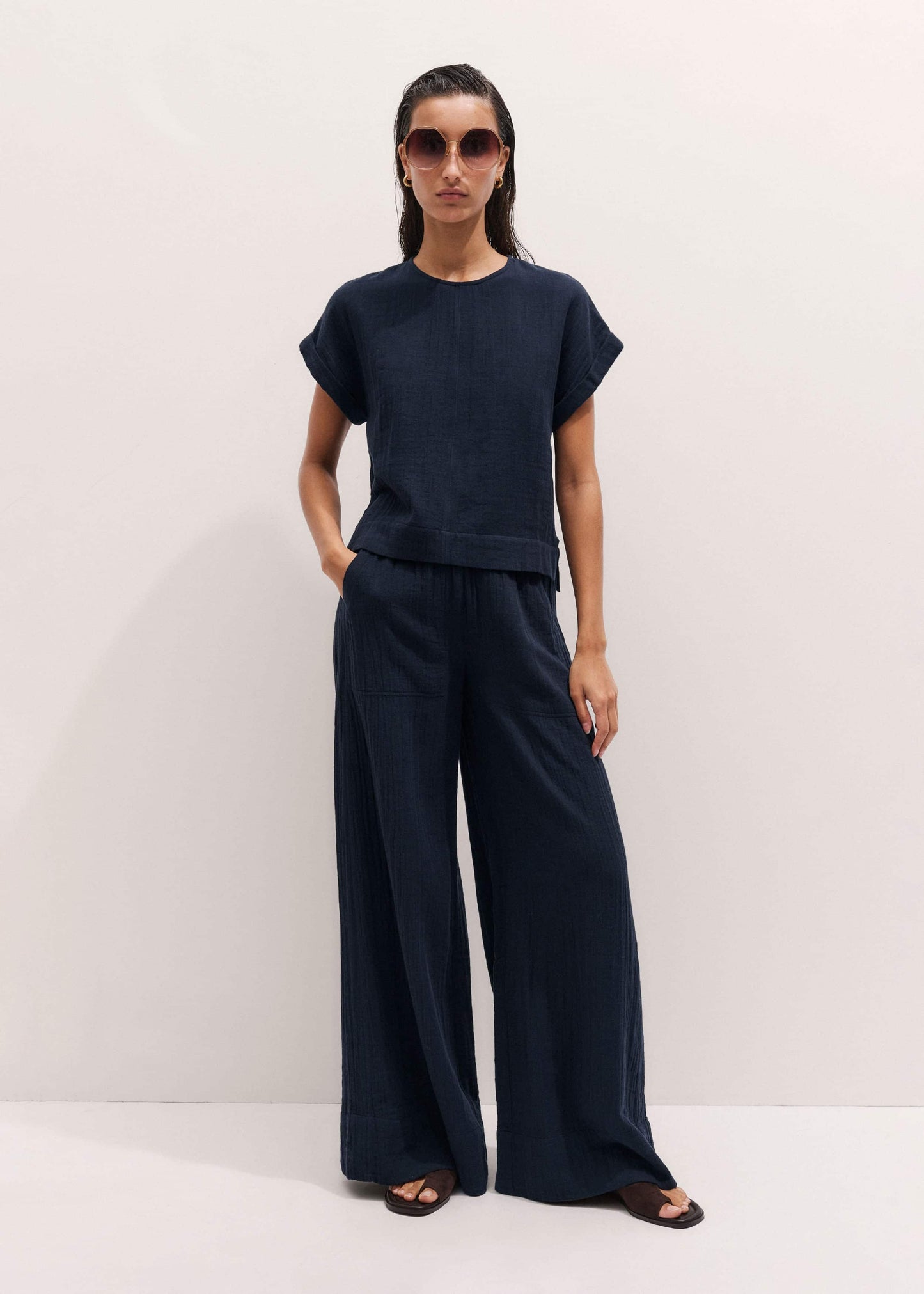 ME and EM Clothing Navy Cheesecloth Wide-Leg Pant