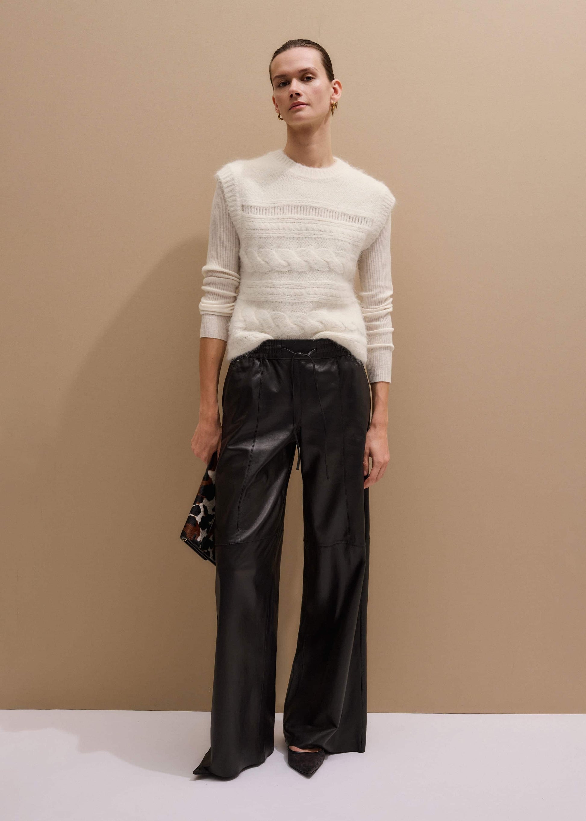 ME and EM Clothing Warm Black Leather Wide-Leg Track Pant
