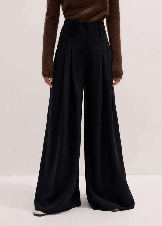ME and EM Clothing Black Wool Ultra Wide-Leg Pleat Pant