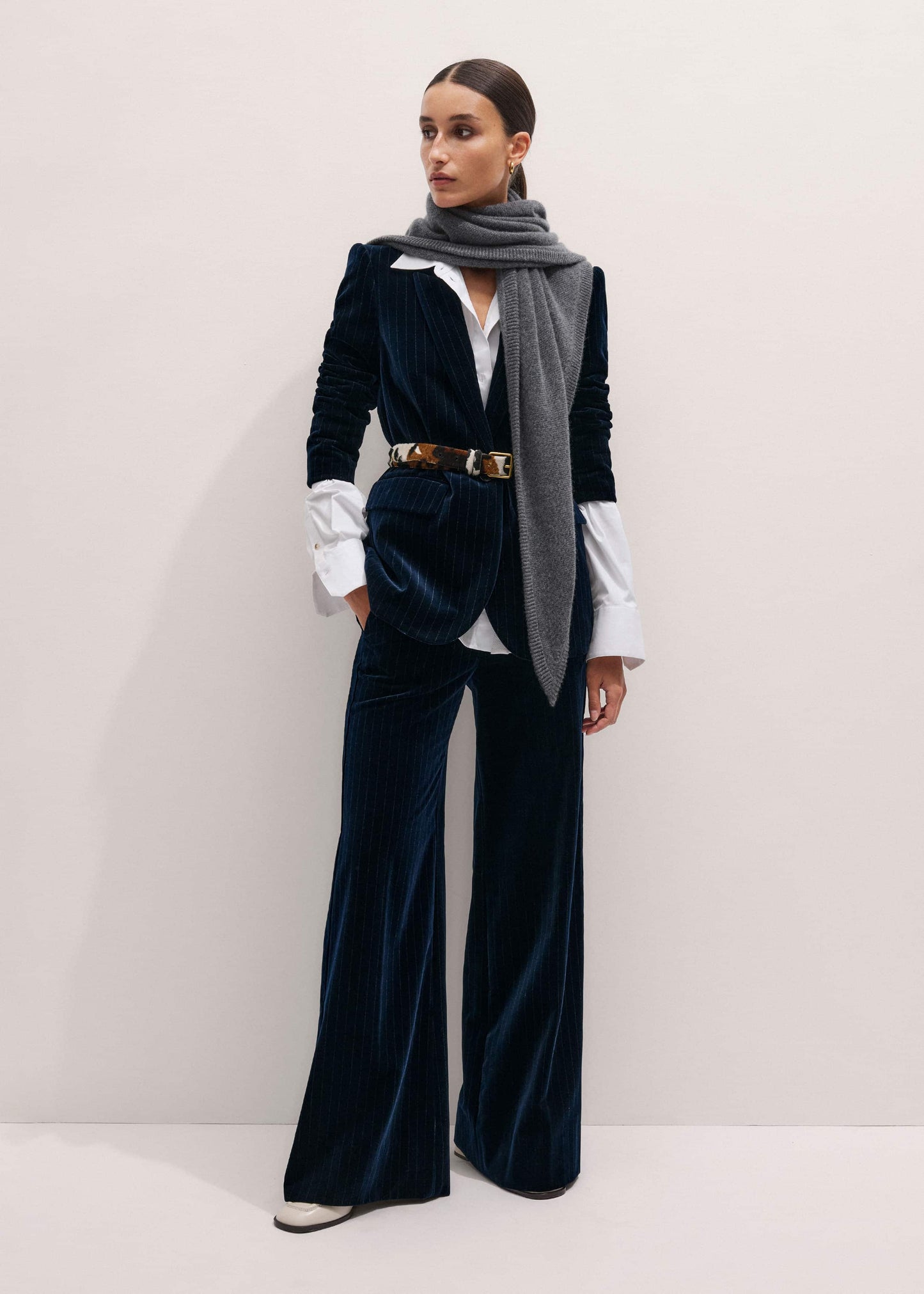 ME and EM Clothing Navy Wool Pinstripe Wide-Leg Pant