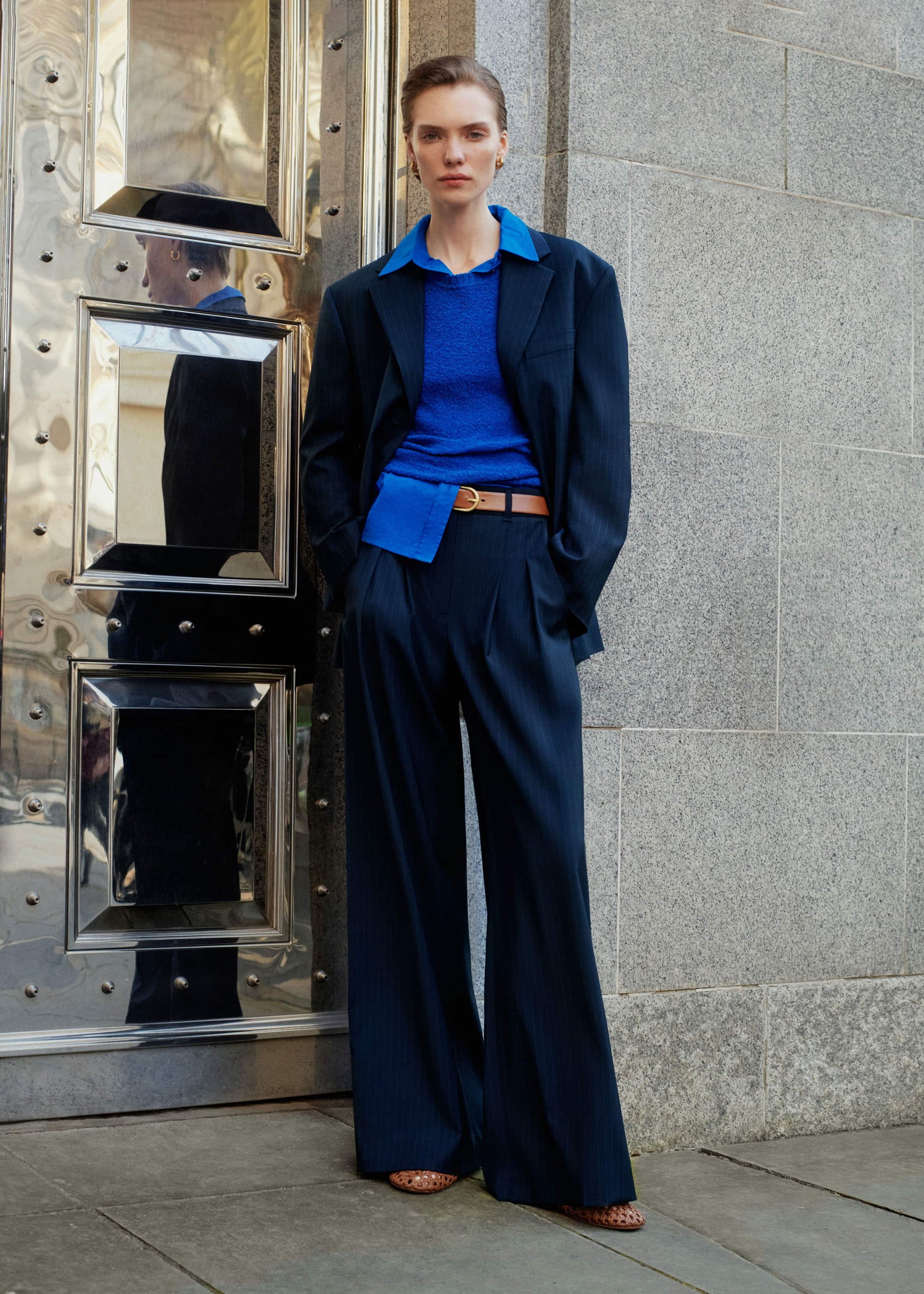 ME and EM Clothing Navy Pinstripe Pleat Front Man Pant