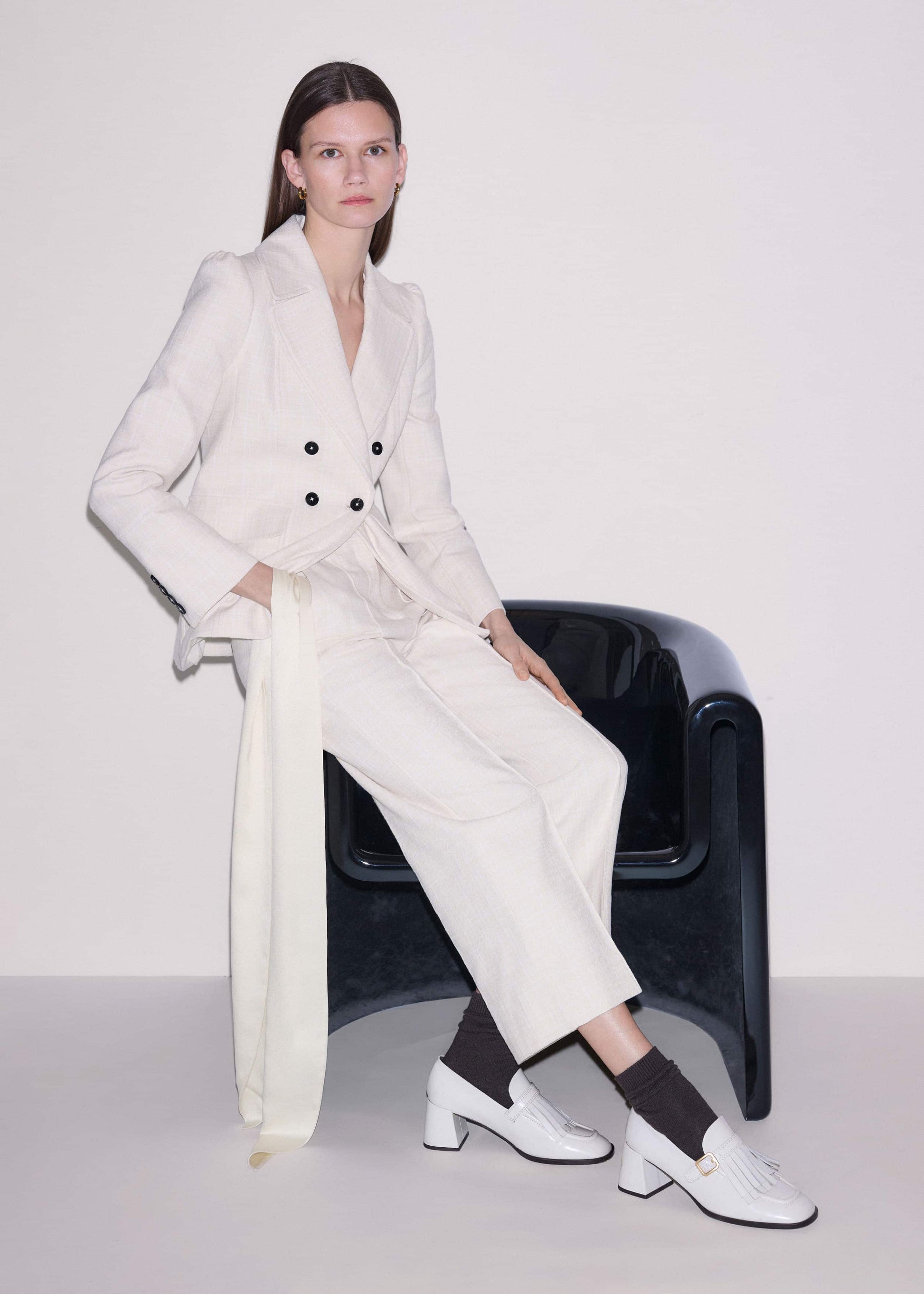 ME and EM Clothing Ivory Textured Straight Crop Pant