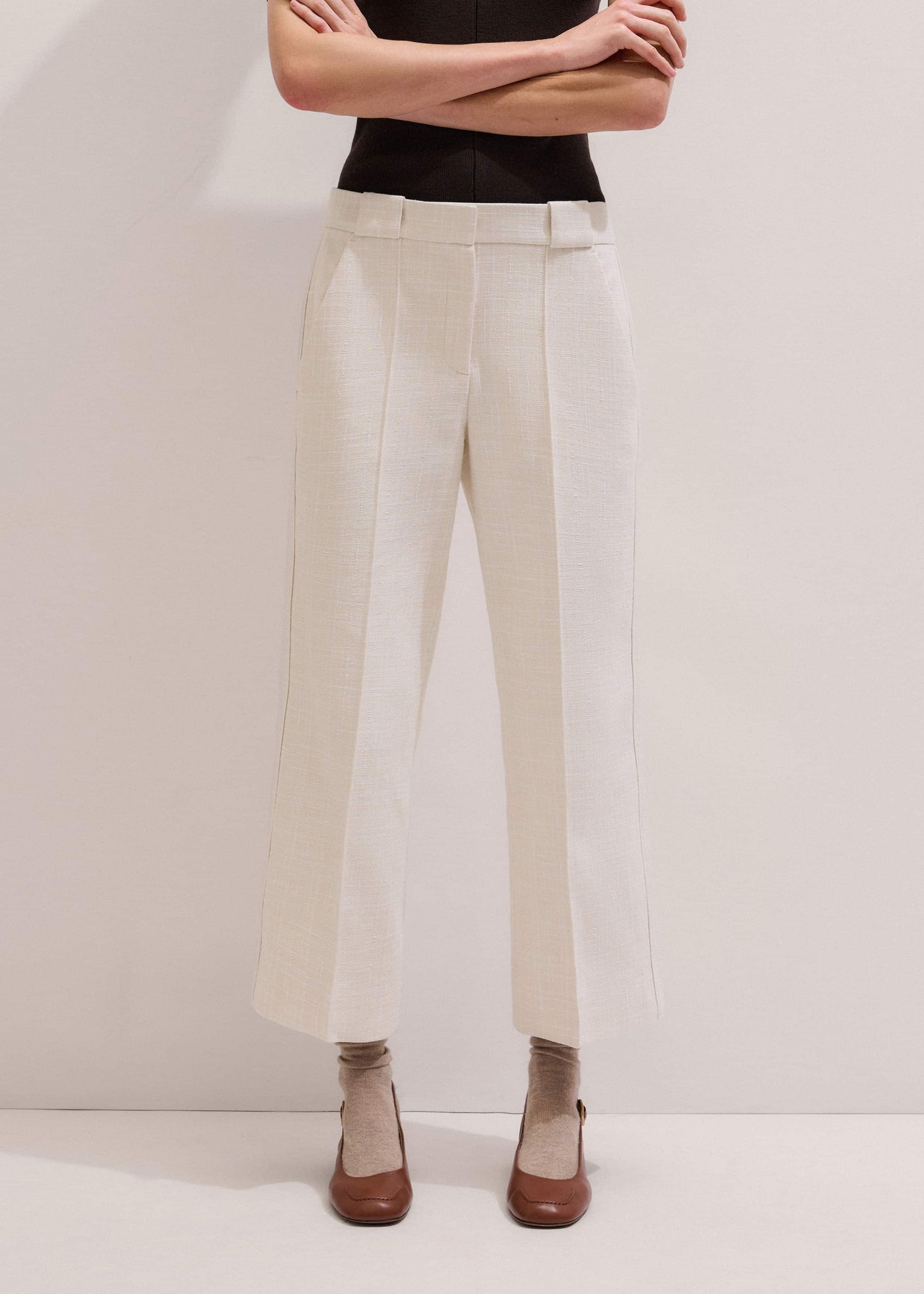 ME and EM Clothing Ivory Textured Straight Crop Pant