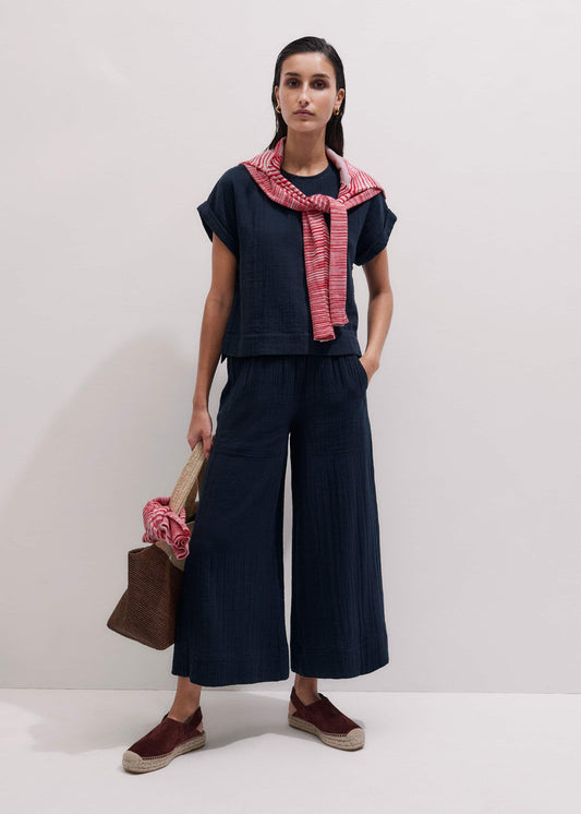 ME and EM Clothing Navy Cheesecloth Cropped Wide-Leg Pant