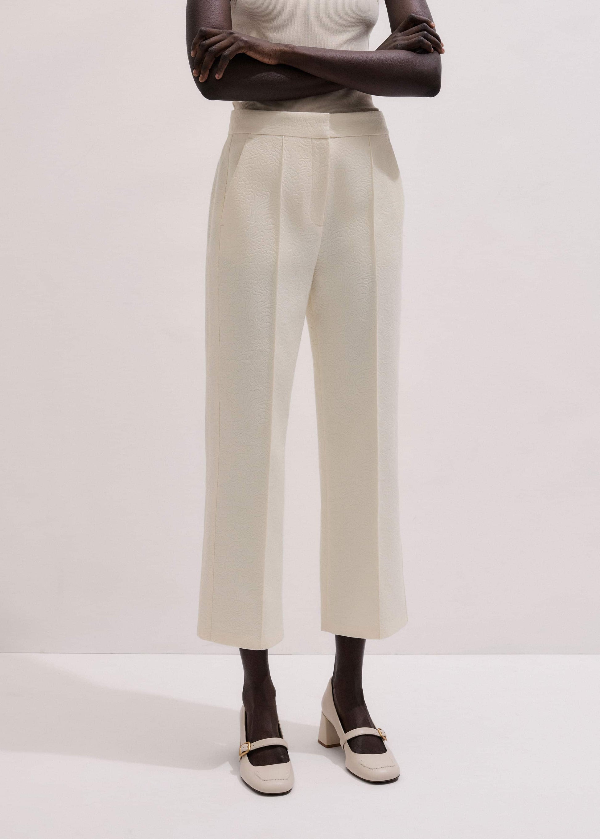 ME and EM Clothing Ivory Luxe Jacquard Straight Crop Pant