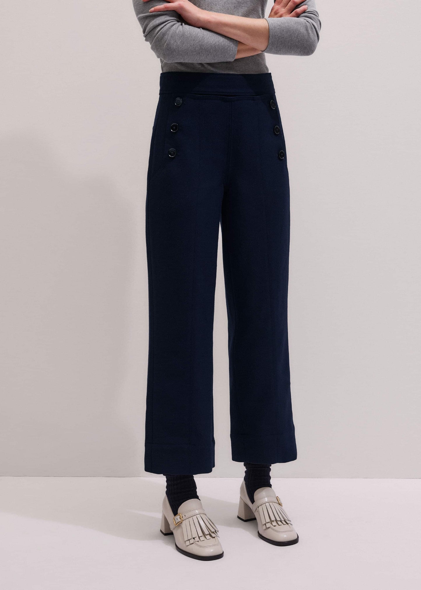 ME and EM Clothing Navy Button Front Straight Crop Pant