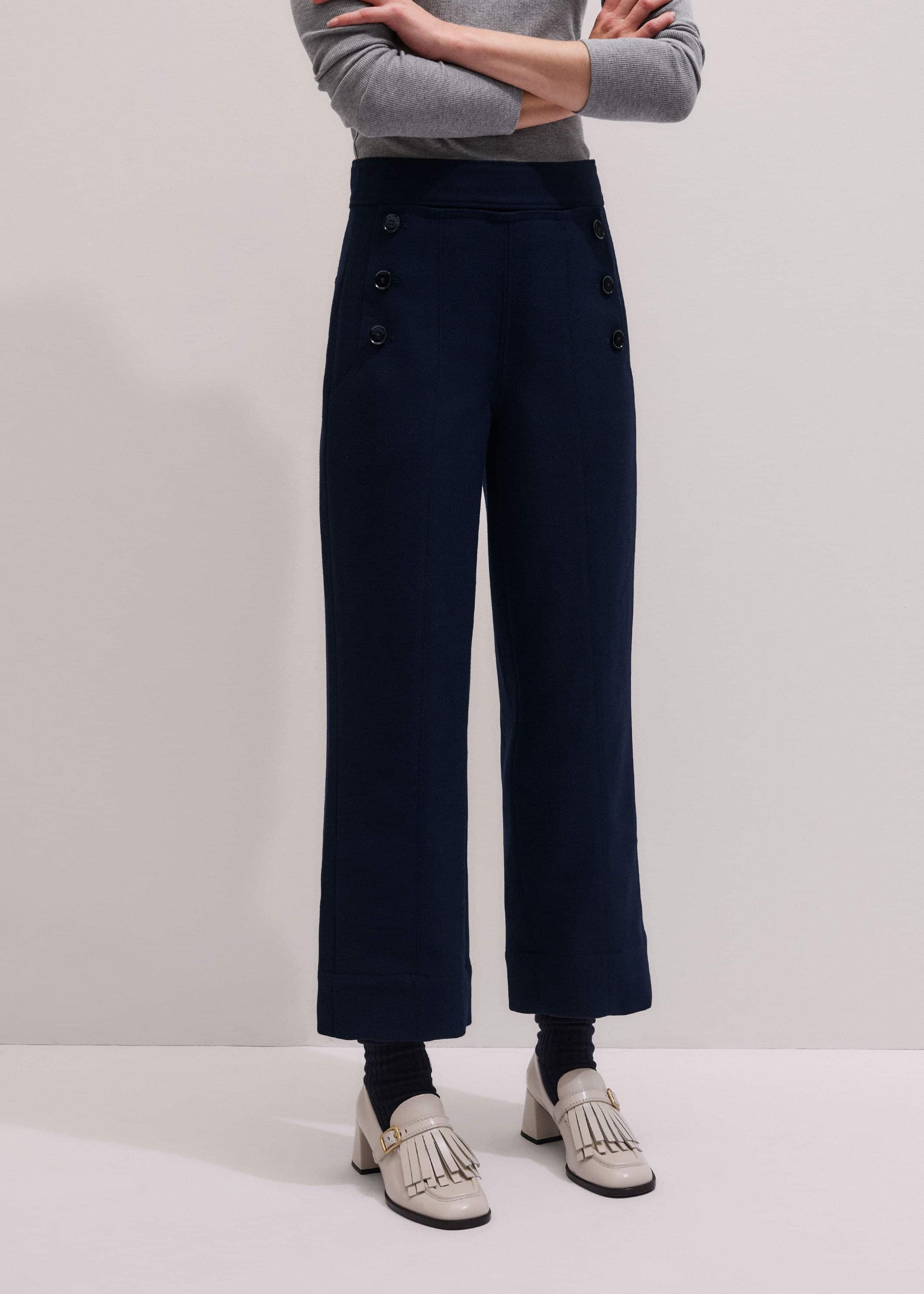 ME and EM Clothing Navy Button Front Straight Crop Pant