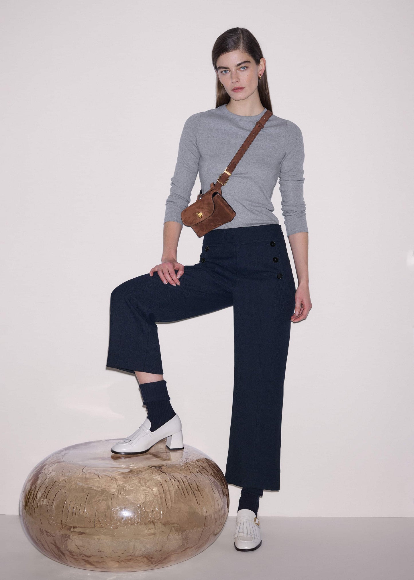 ME and EM Clothing Navy Button Front Straight Crop Pant
