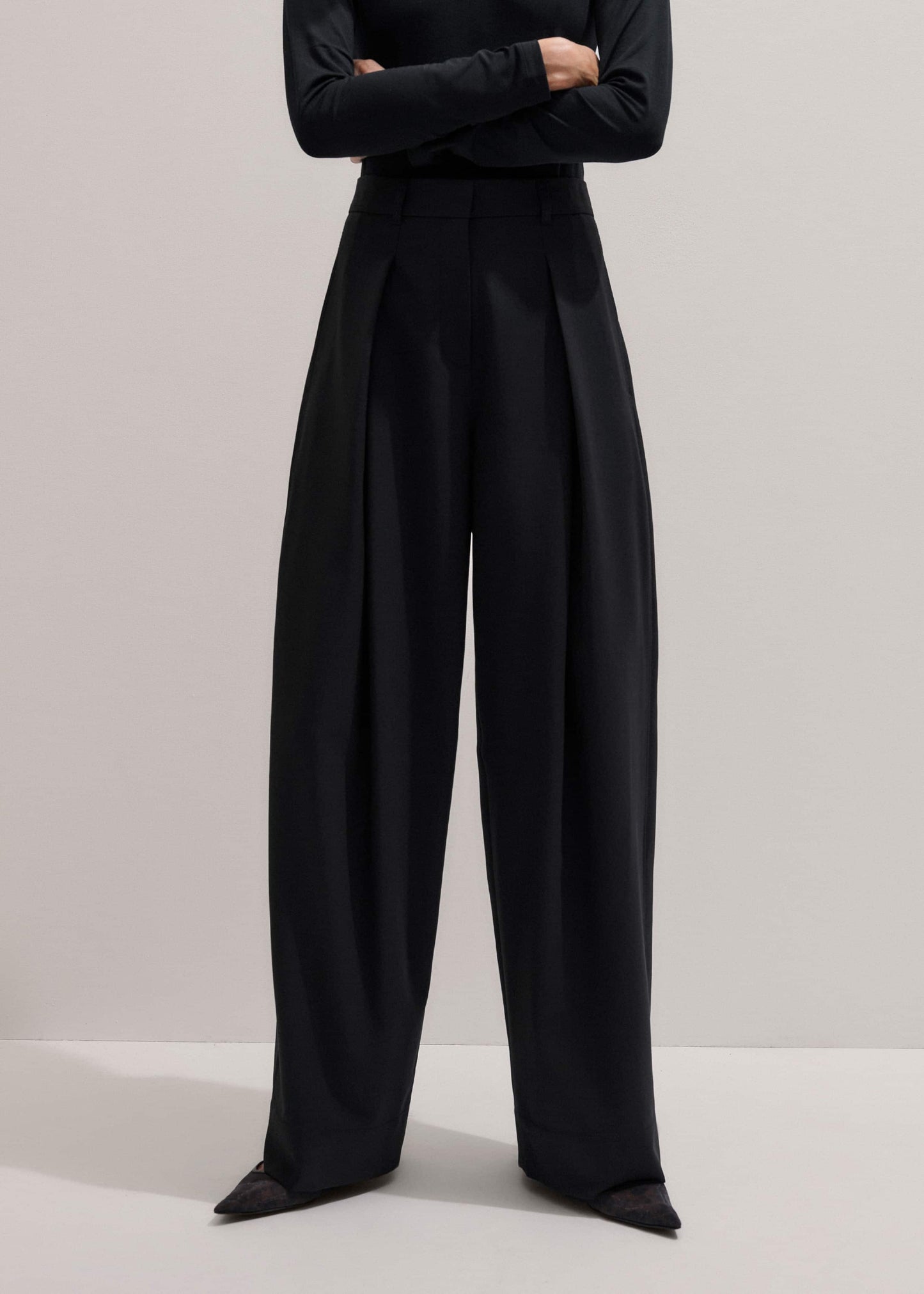 ME and EM Clothing Black Wool Exaggerated Tapered Pleat Pant
