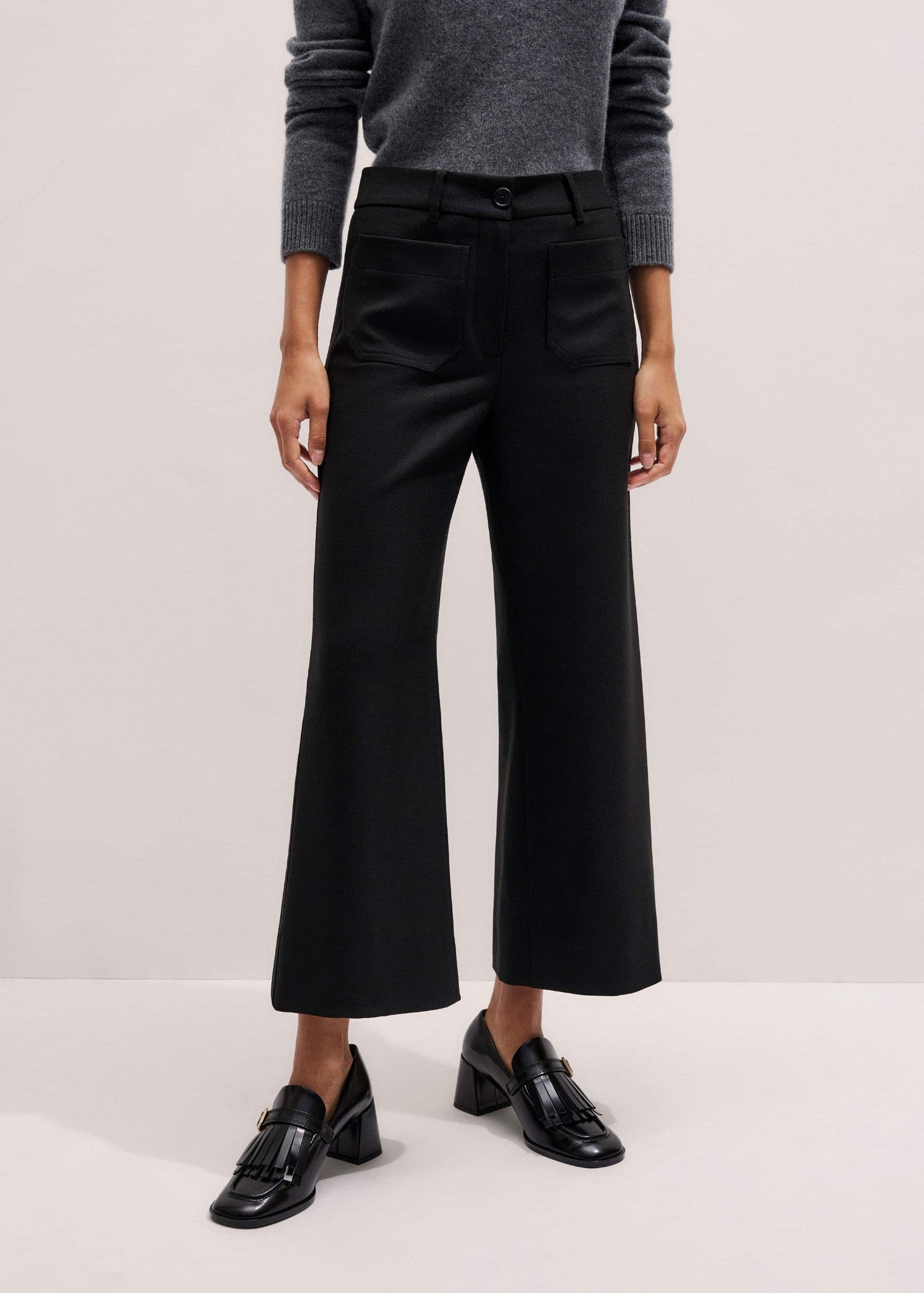 ME and EM Clothing Black Stretch Twill Patch Pocket Cropped Kick-Flare Pant