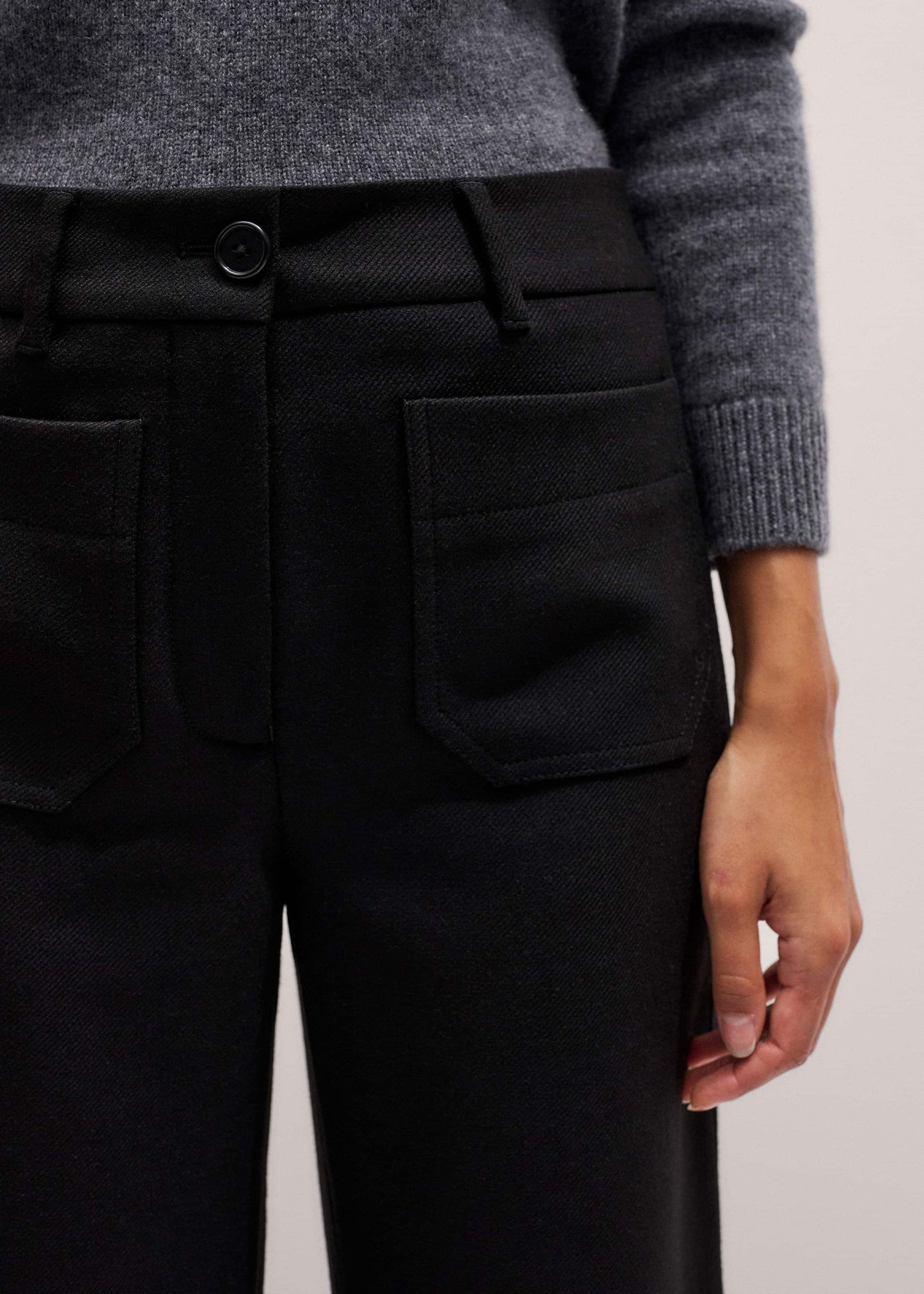 ME and EM Clothing Black Stretch Twill Patch Pocket Cropped Kick-Flare Pant