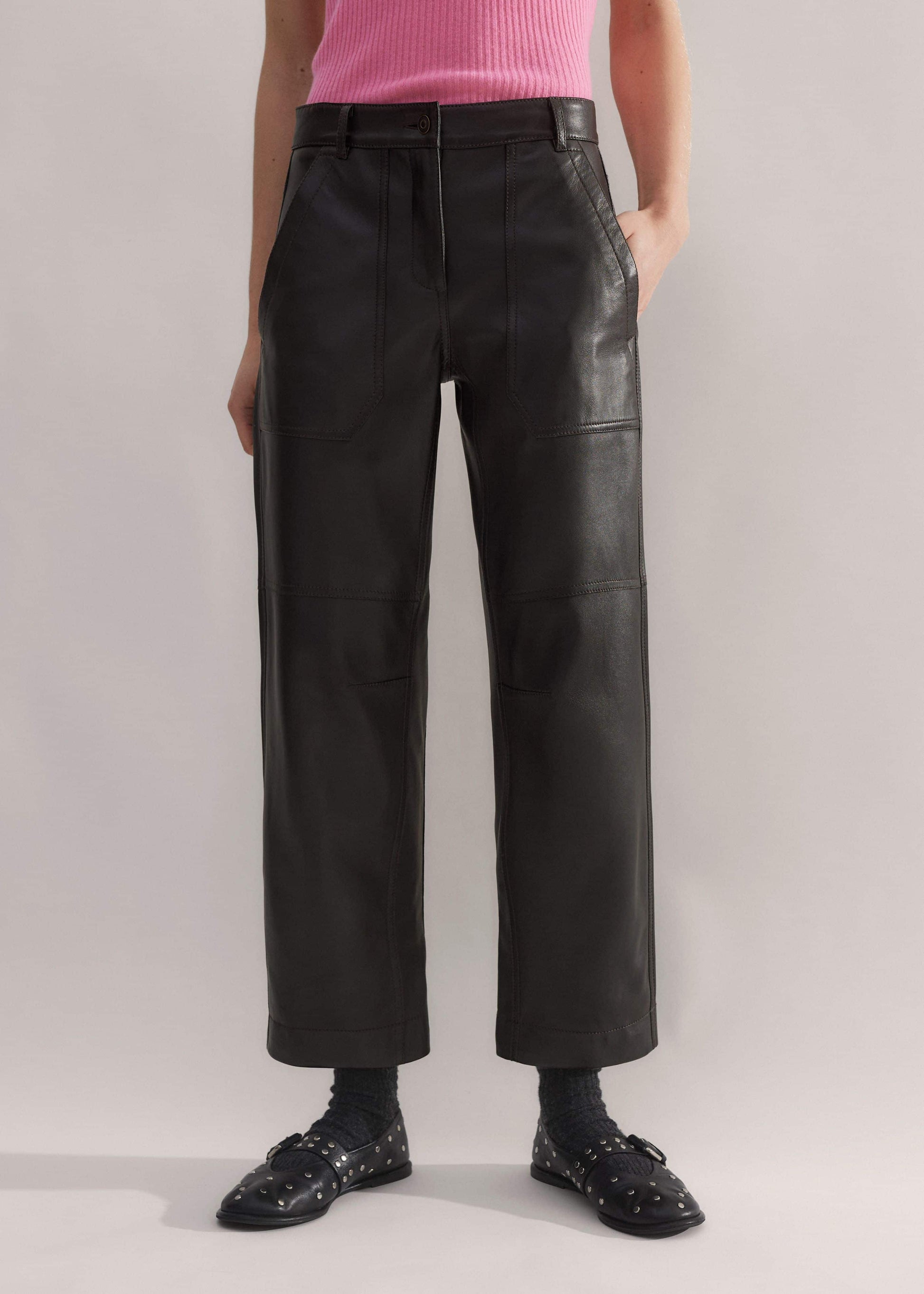 ME and EM Clothing Black Washed Leather Engineered-Leg Pant