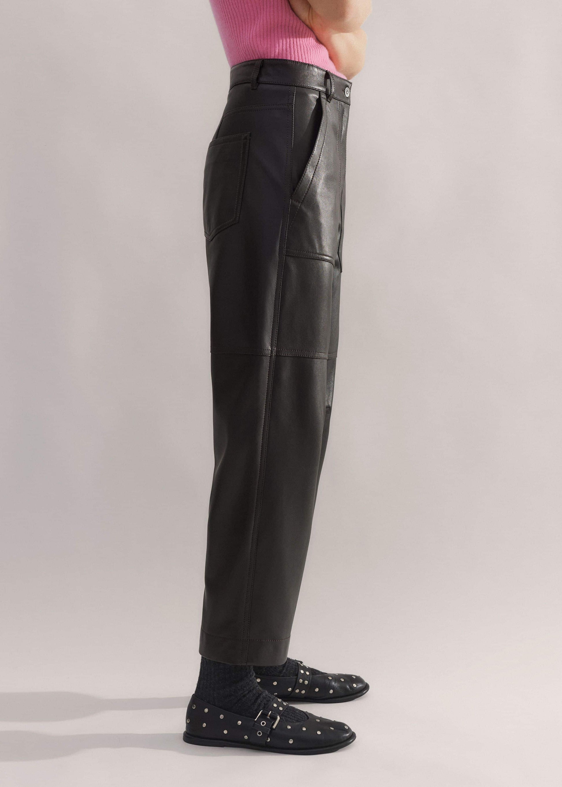 ME and EM Clothing Black Washed Leather Engineered-Leg Pant