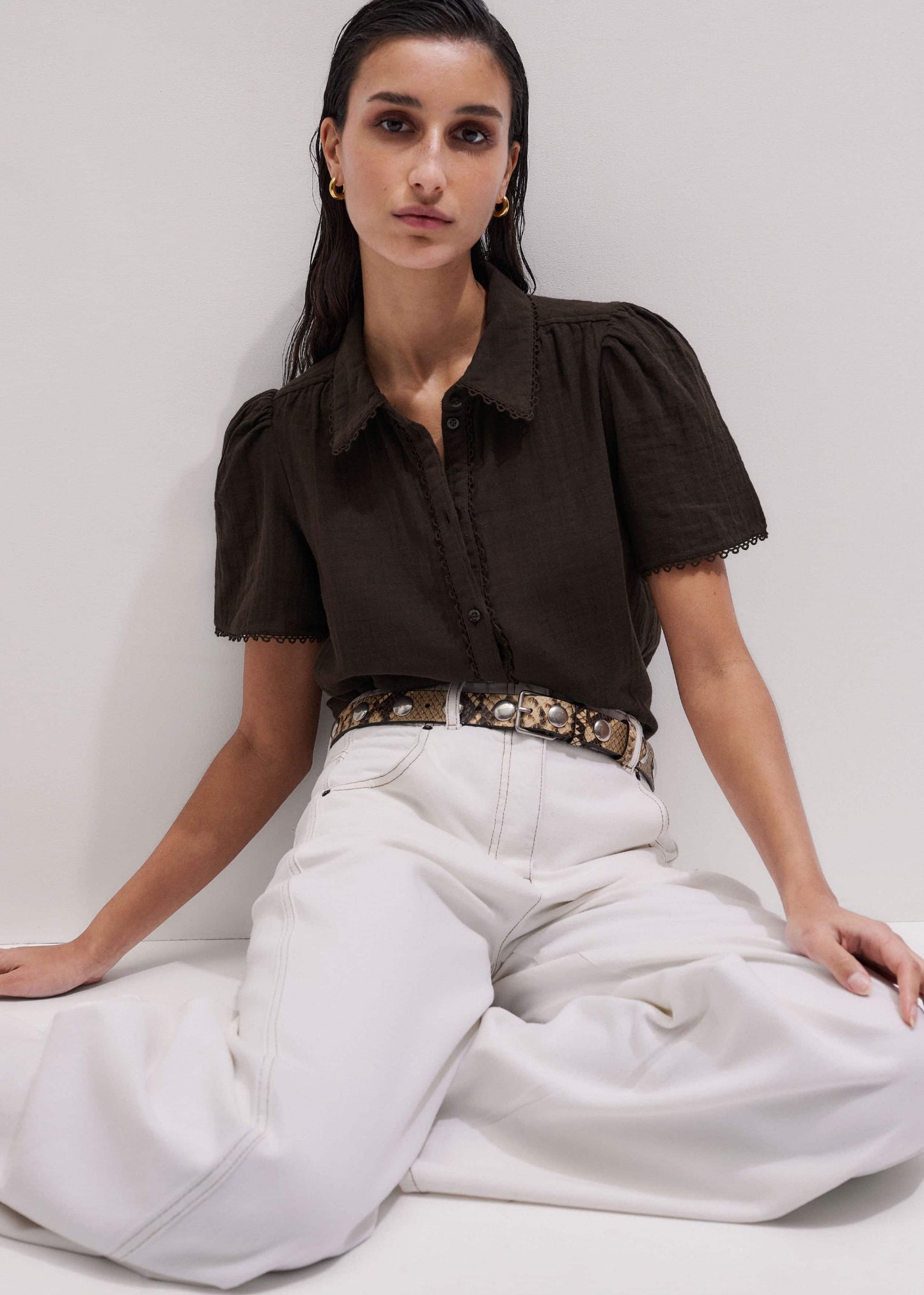 ME and EM Clothing Brown Cheesecloth Trim Detail Blouse
