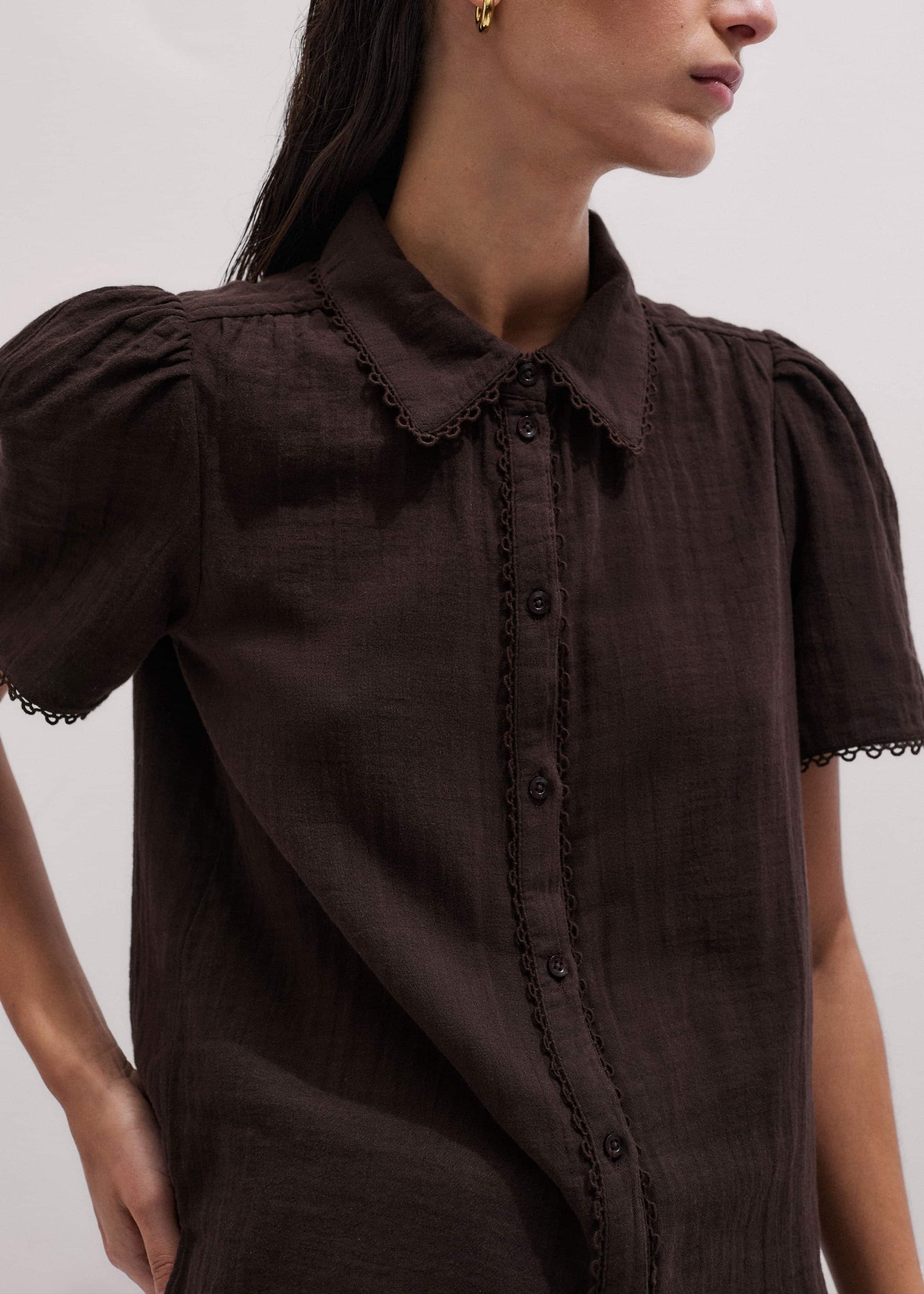 ME and EM Clothing Brown Cheesecloth Trim Detail Blouse