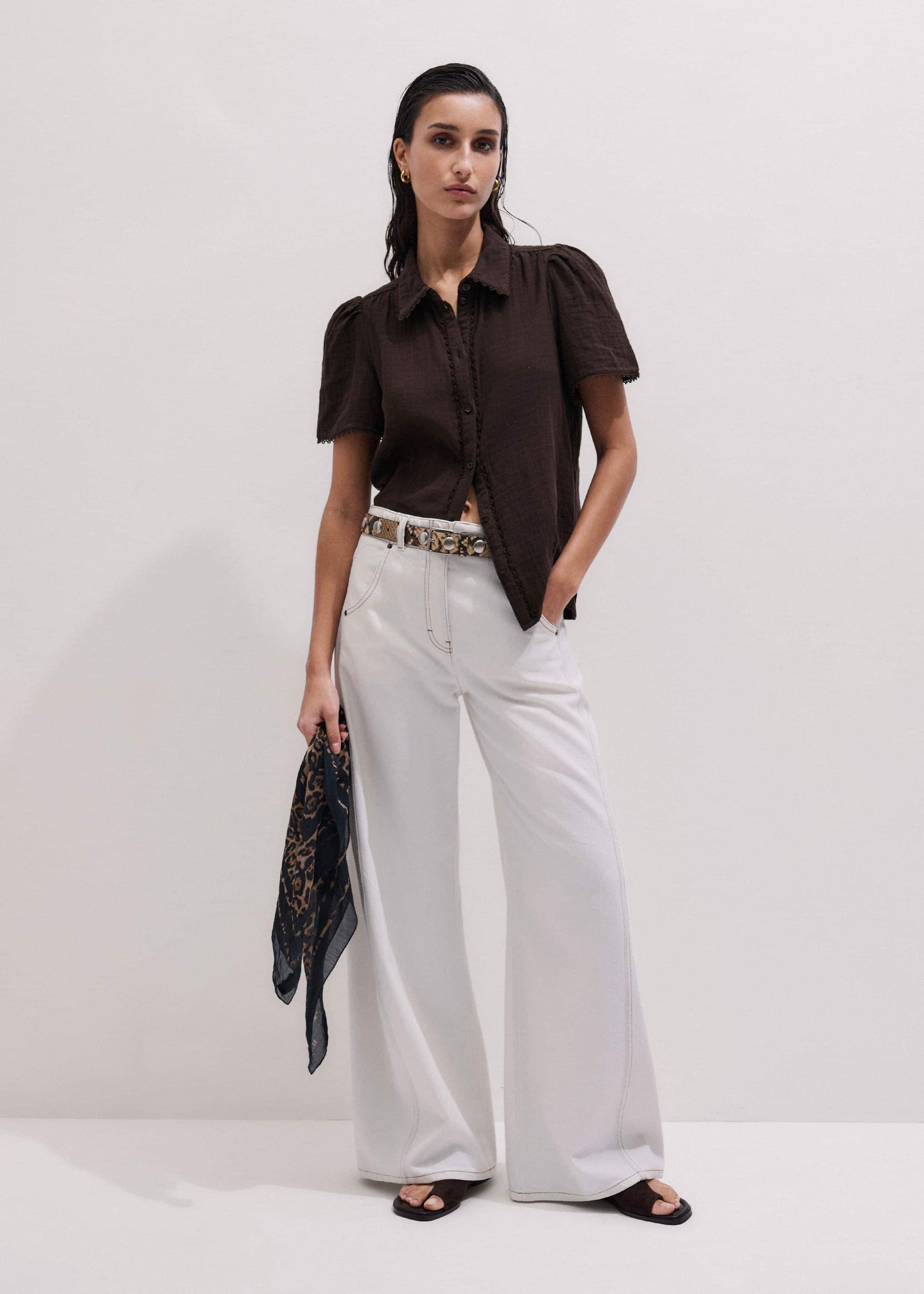 ME and EM Clothing Brown Cheesecloth Trim Detail Blouse
