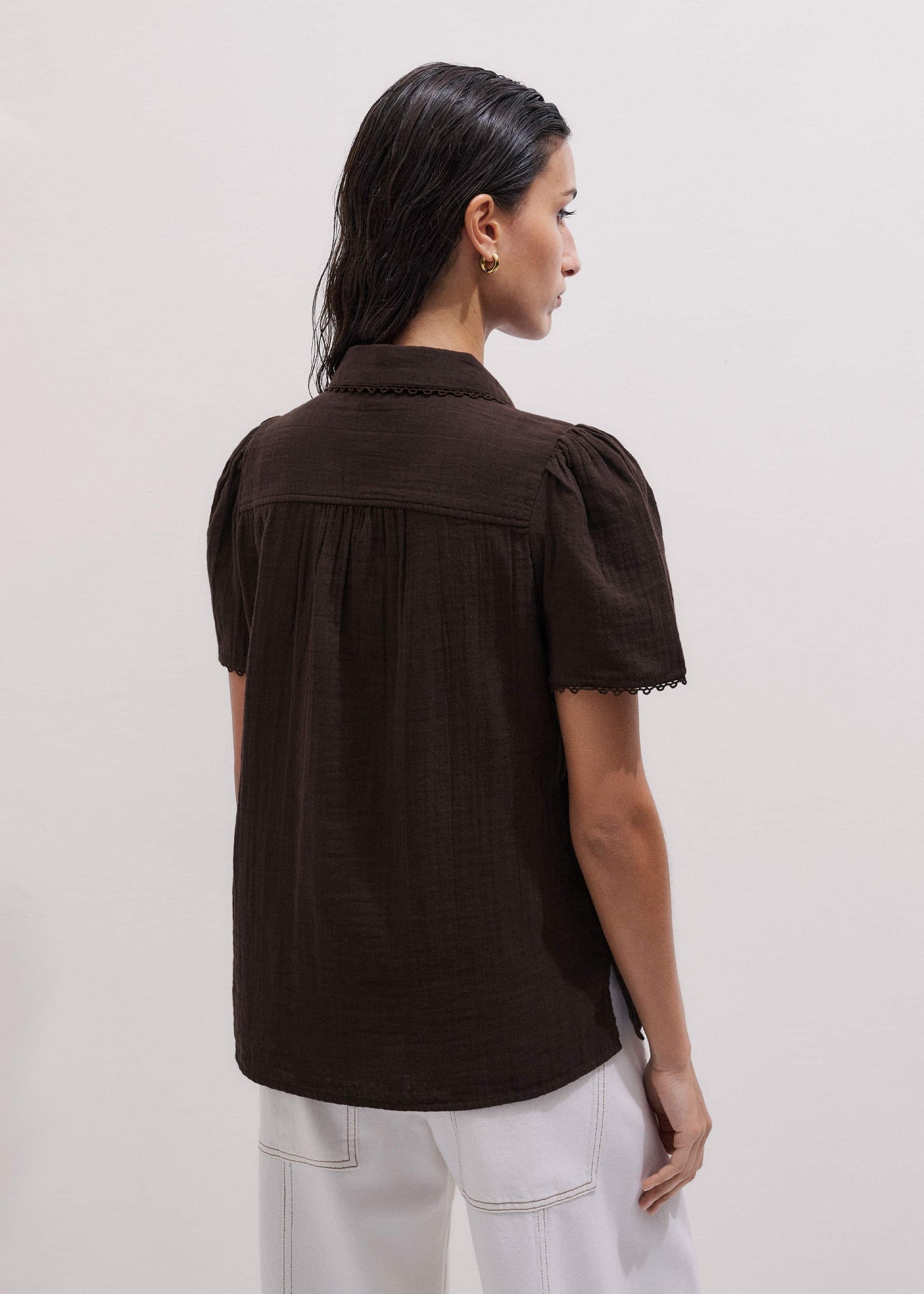 ME and EM Clothing Brown Cheesecloth Trim Detail Blouse