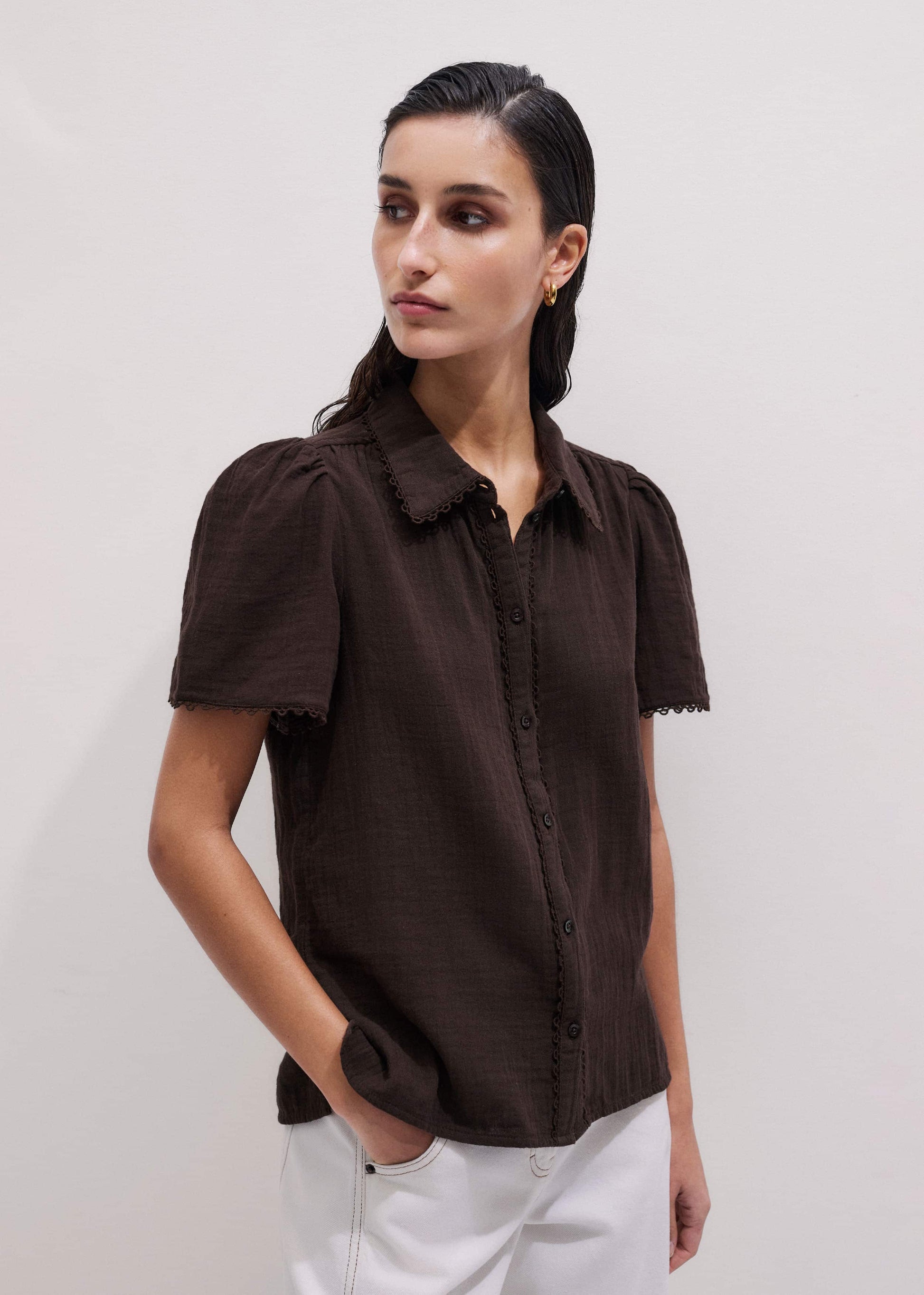 ME and EM Clothing Brown Cheesecloth Trim Detail Blouse