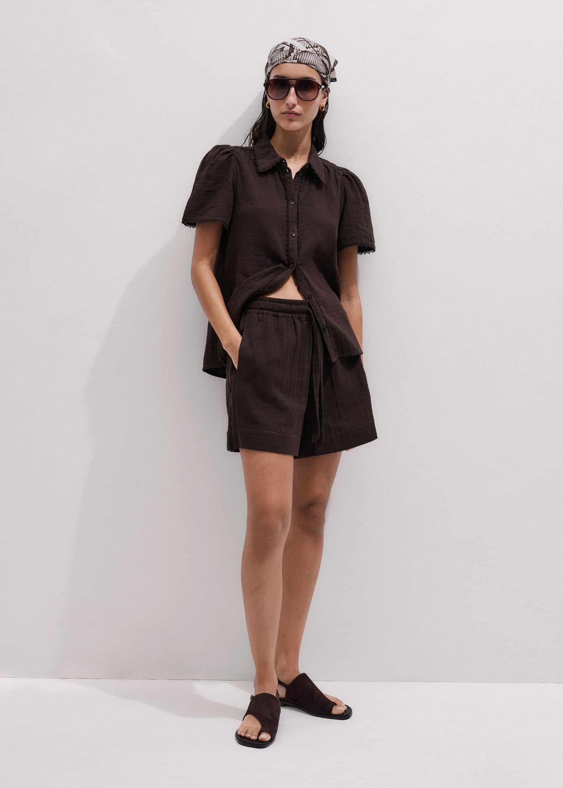 ME and EM Clothing Brown Cheesecloth Trim Detail Blouse