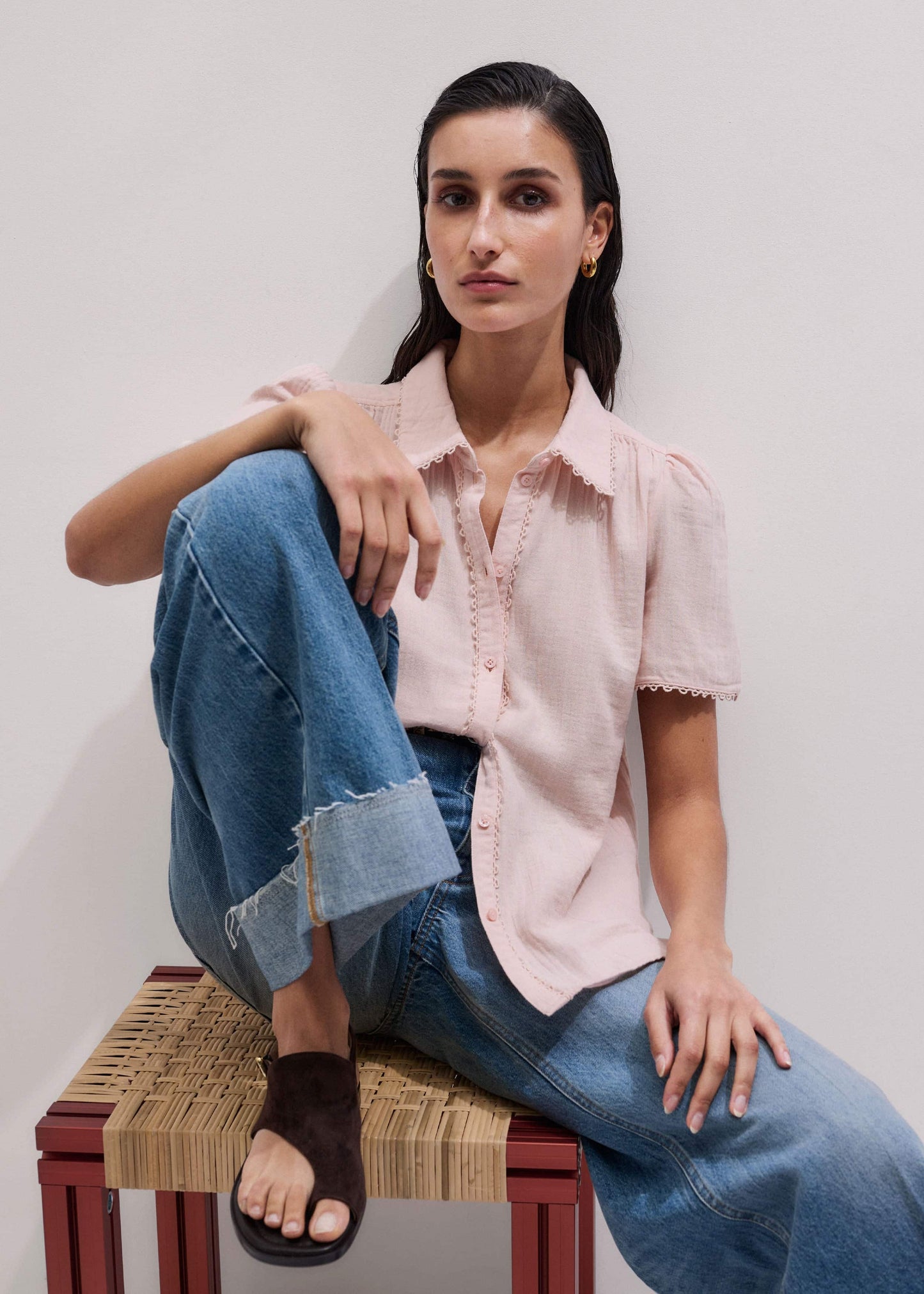 ME and EM Clothing Pink Cheesecloth Trim Detail Blouse