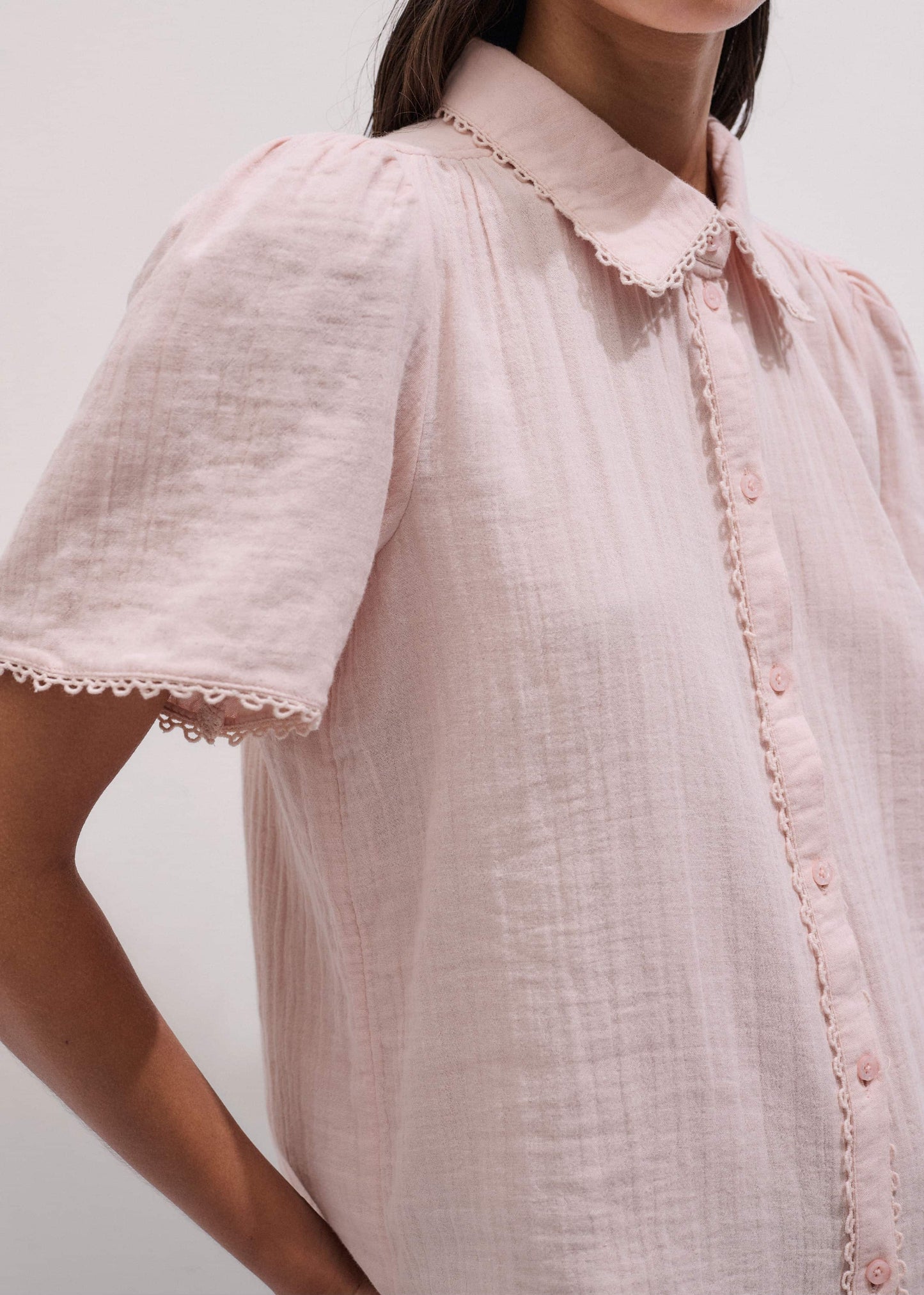 ME and EM Clothing Pink Cheesecloth Trim Detail Blouse