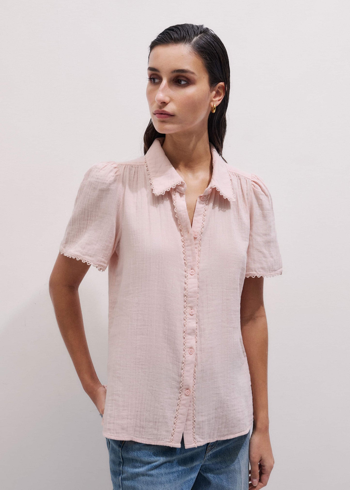 ME and EM Clothing Pink Cheesecloth Trim Detail Blouse
