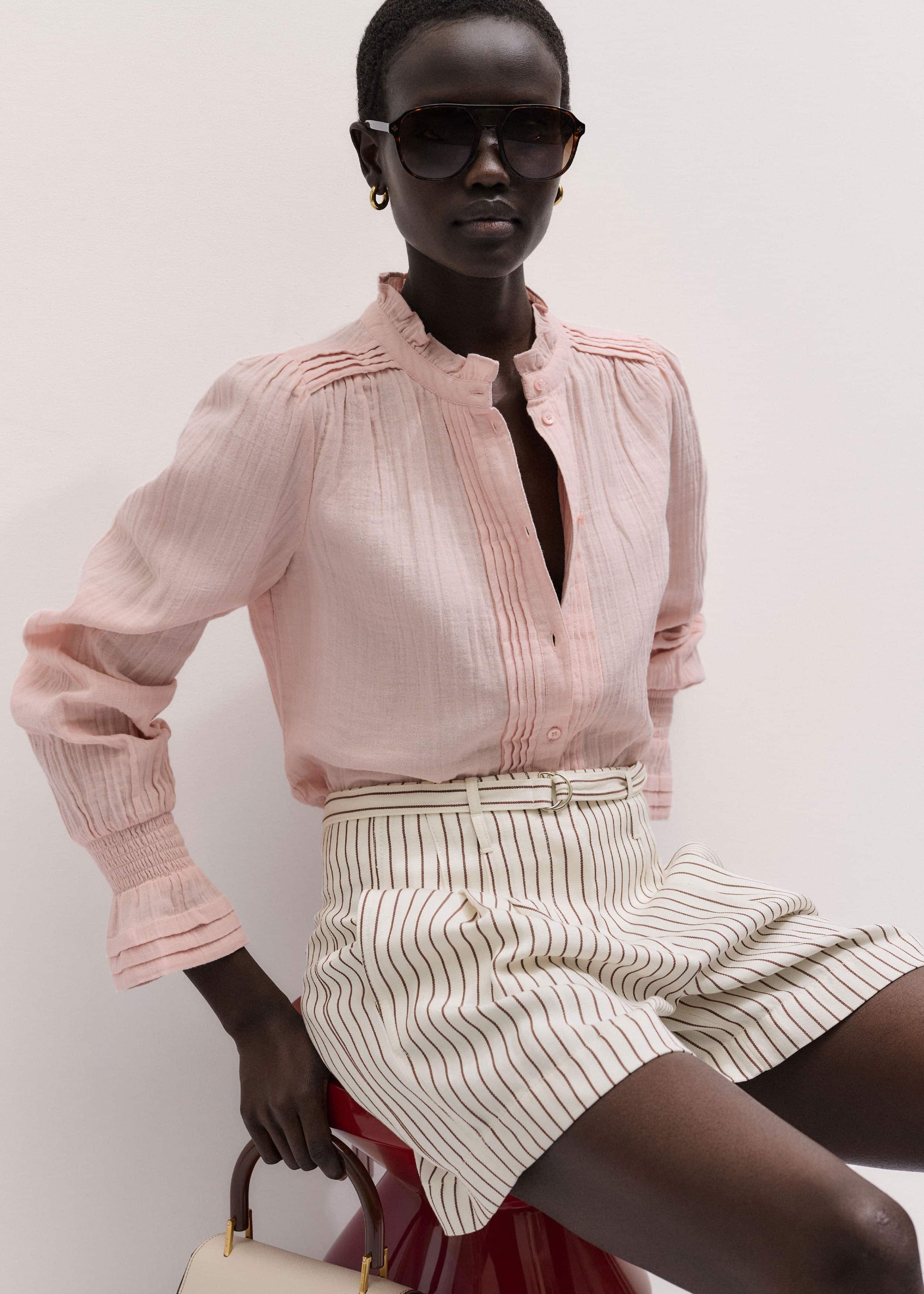 ME and EM Clothing Pink Pleat Detail Long Sleeve Cheesecloth Blouse