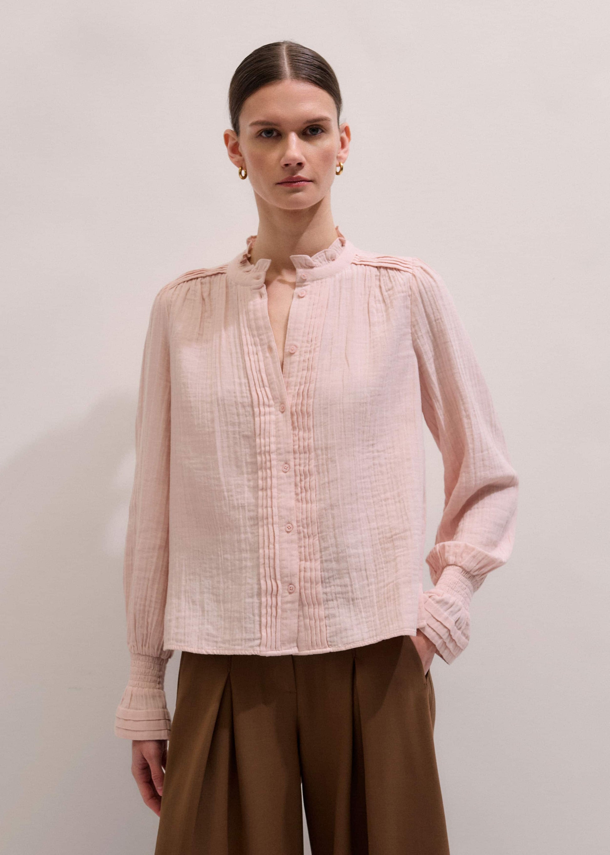 ME and EM Clothing Pink Pleat Detail Long Sleeve Cheesecloth Blouse