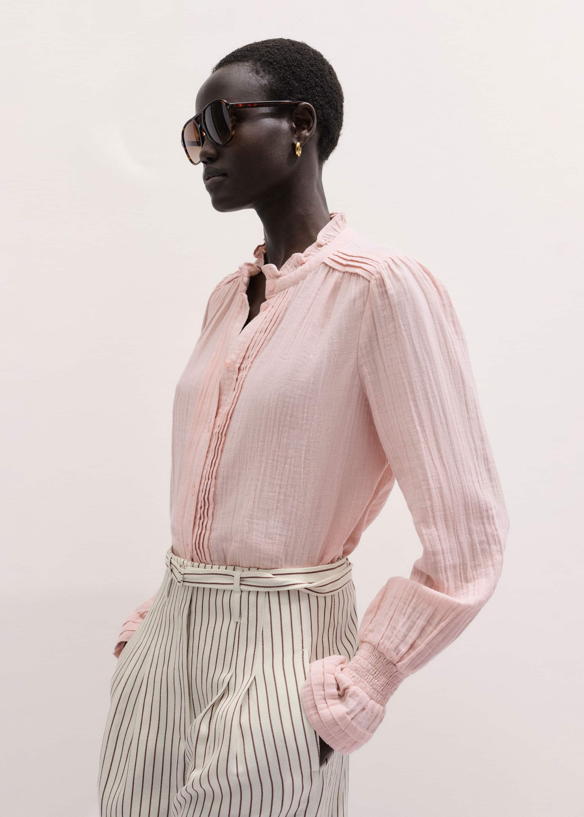 ME and EM Clothing Pink Pleat Detail Long Sleeve Cheesecloth Blouse