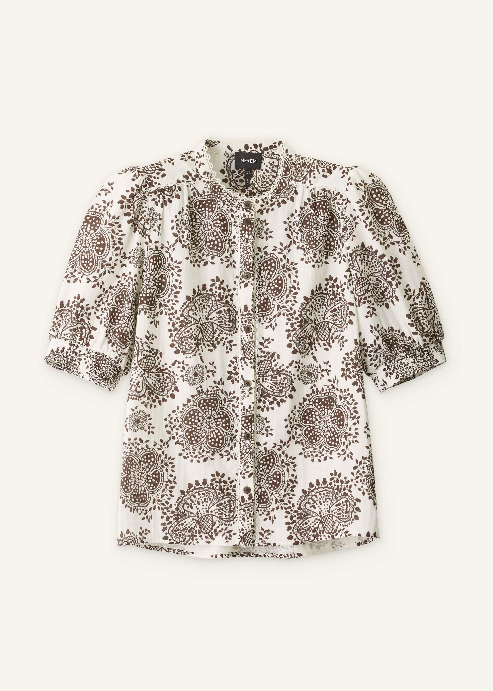 ME and EM Clothing White Cheesecloth In-Full-Bloom Print Straight Blouse