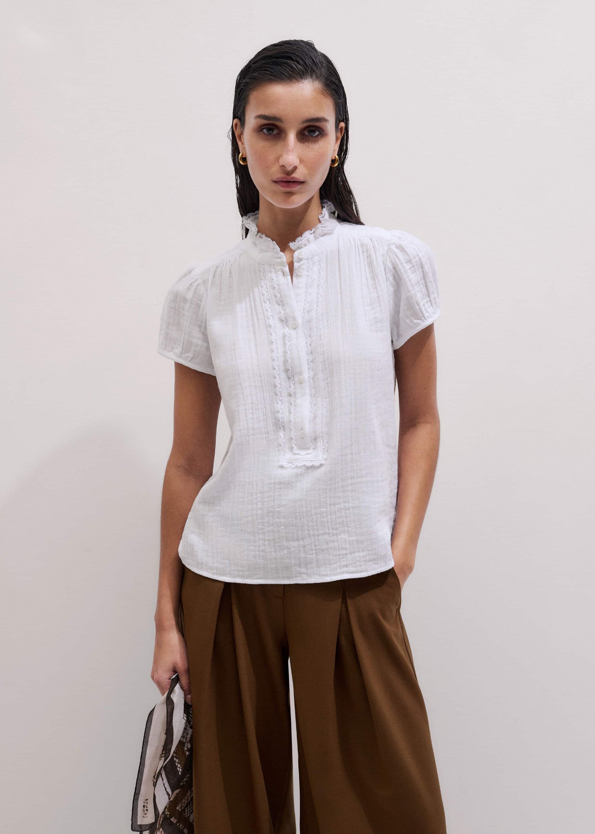 ME and EM Clothing White Straight Cheesecloth Cap-Sleeve Blouse
