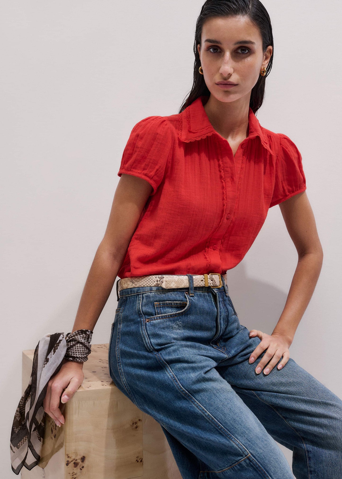 ME and EM Clothing Red Cheesecloth Cap-Sleeve Blouse