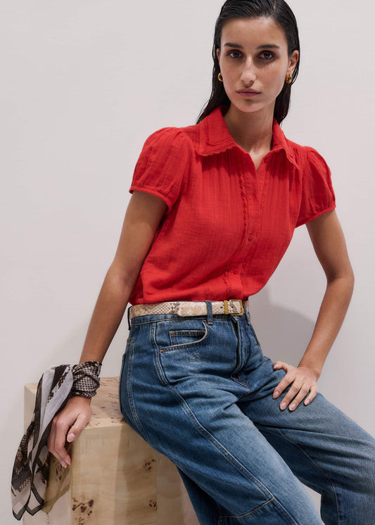 ME and EM Clothing Red Cheesecloth Cap-Sleeve Blouse
